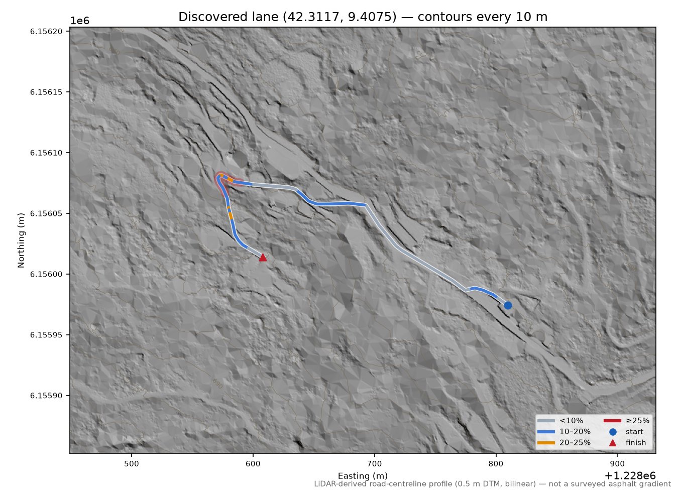 Discovered lane (42.3117, 9.4075) LiDAR hillshade map with contours