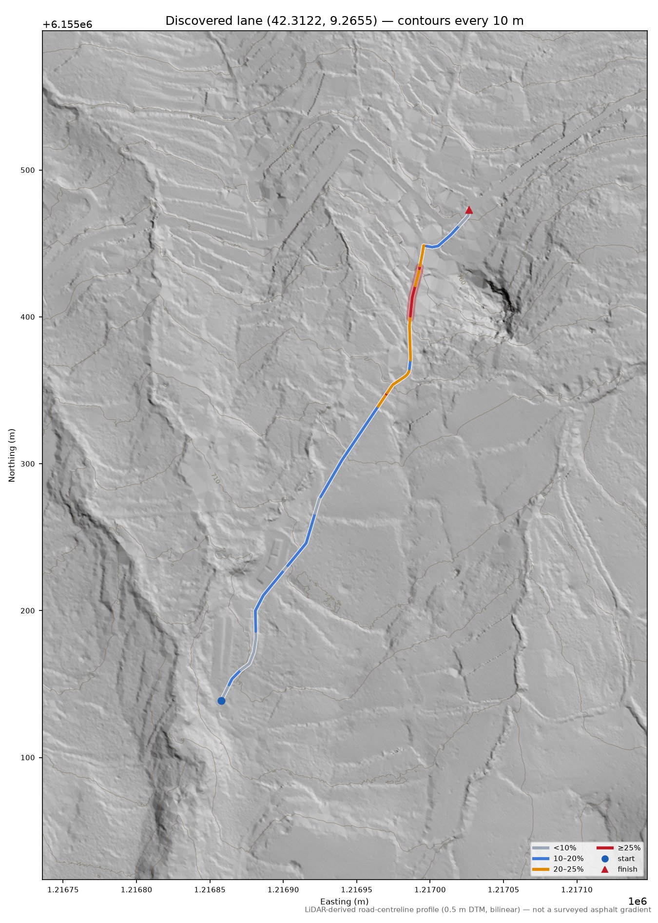 Discovered lane (42.3122, 9.2655) LiDAR hillshade map with contours