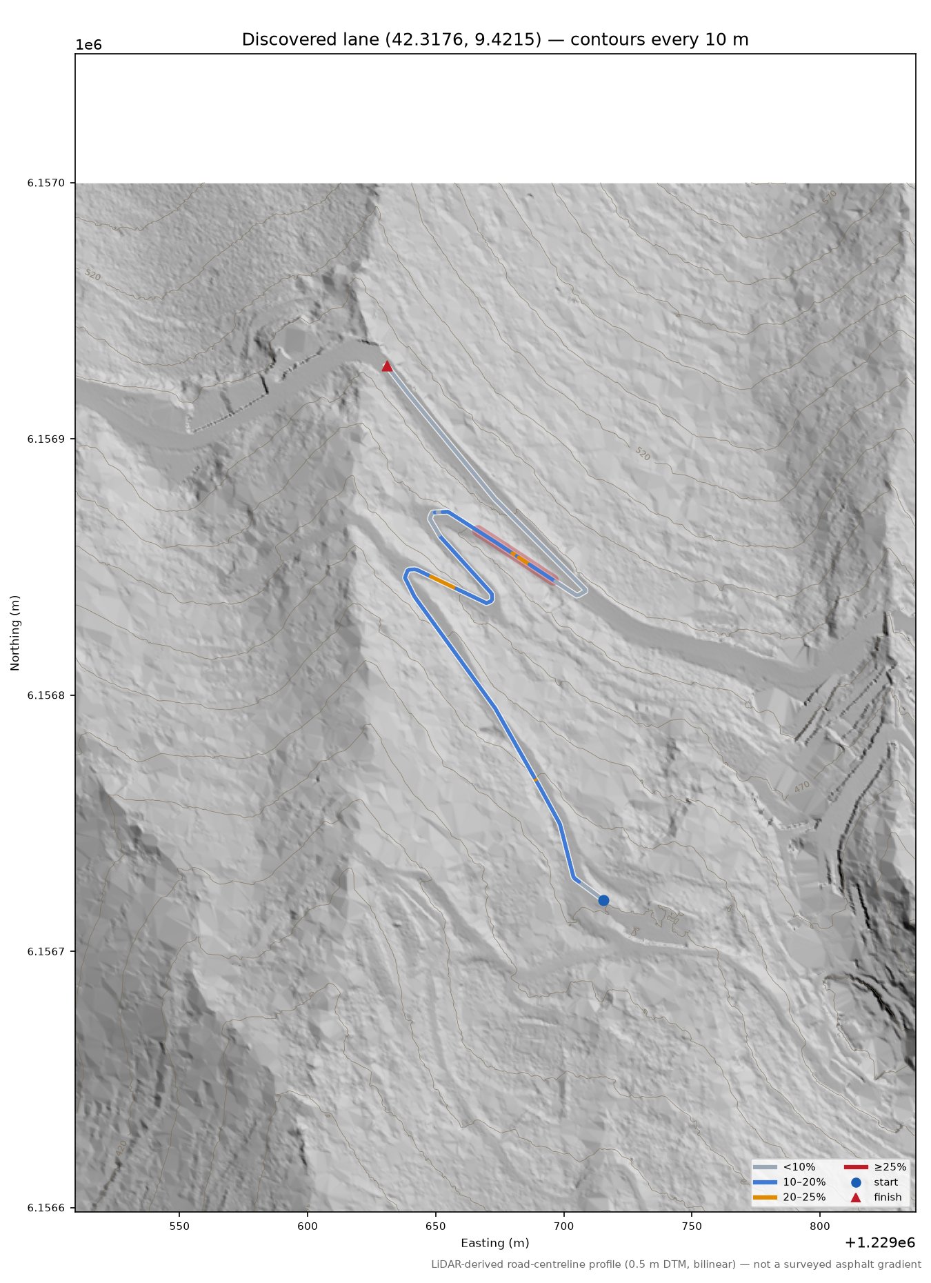 Discovered lane (42.3176, 9.4215) LiDAR hillshade map with contours