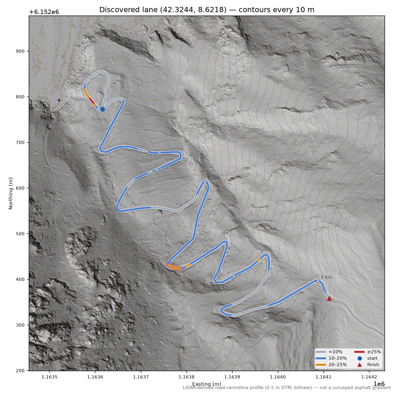 Discovered lane (42.3244, 8.6218) LiDAR hillshade map with contours
