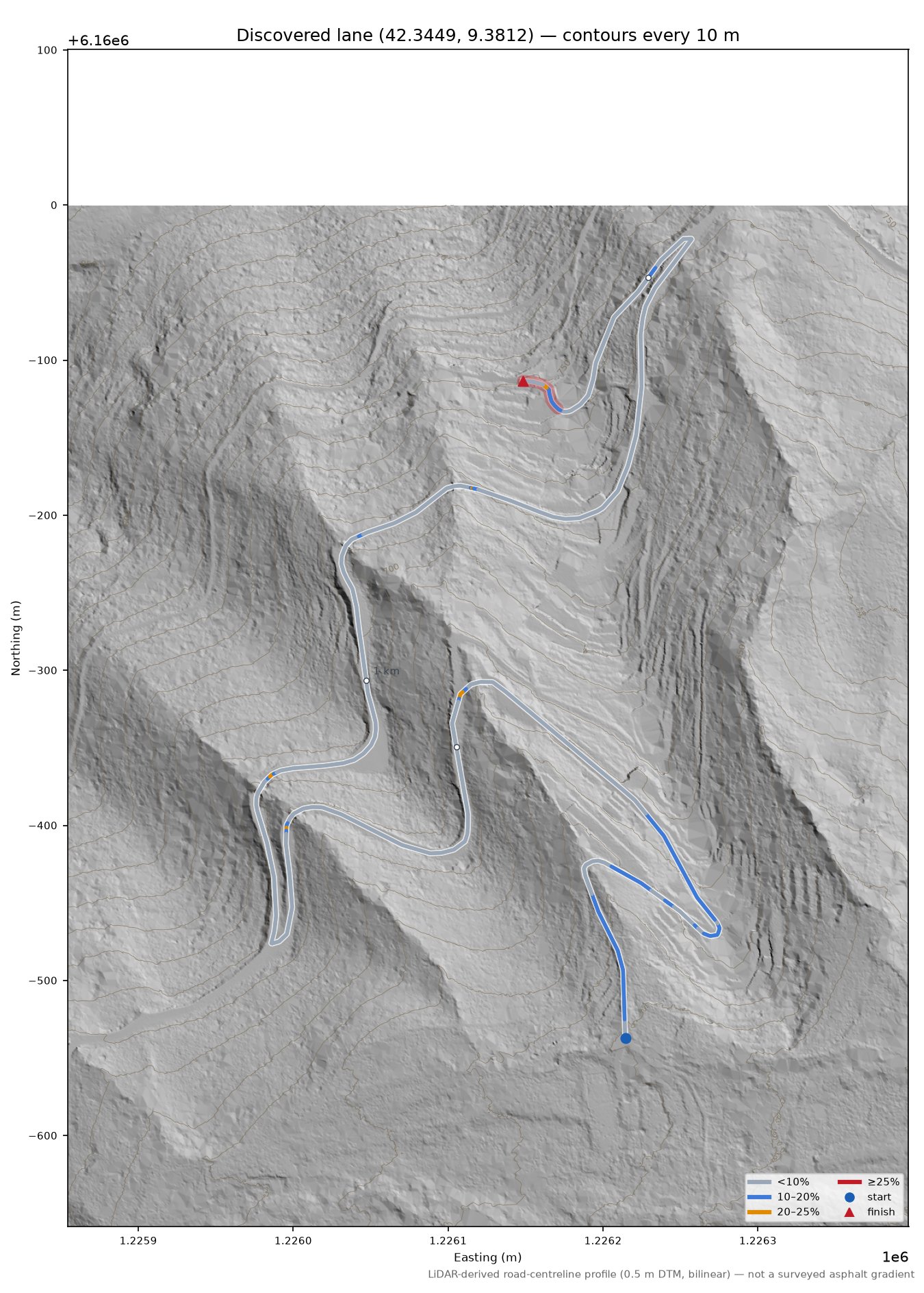 Discovered lane (42.3449, 9.3812) LiDAR hillshade map with contours