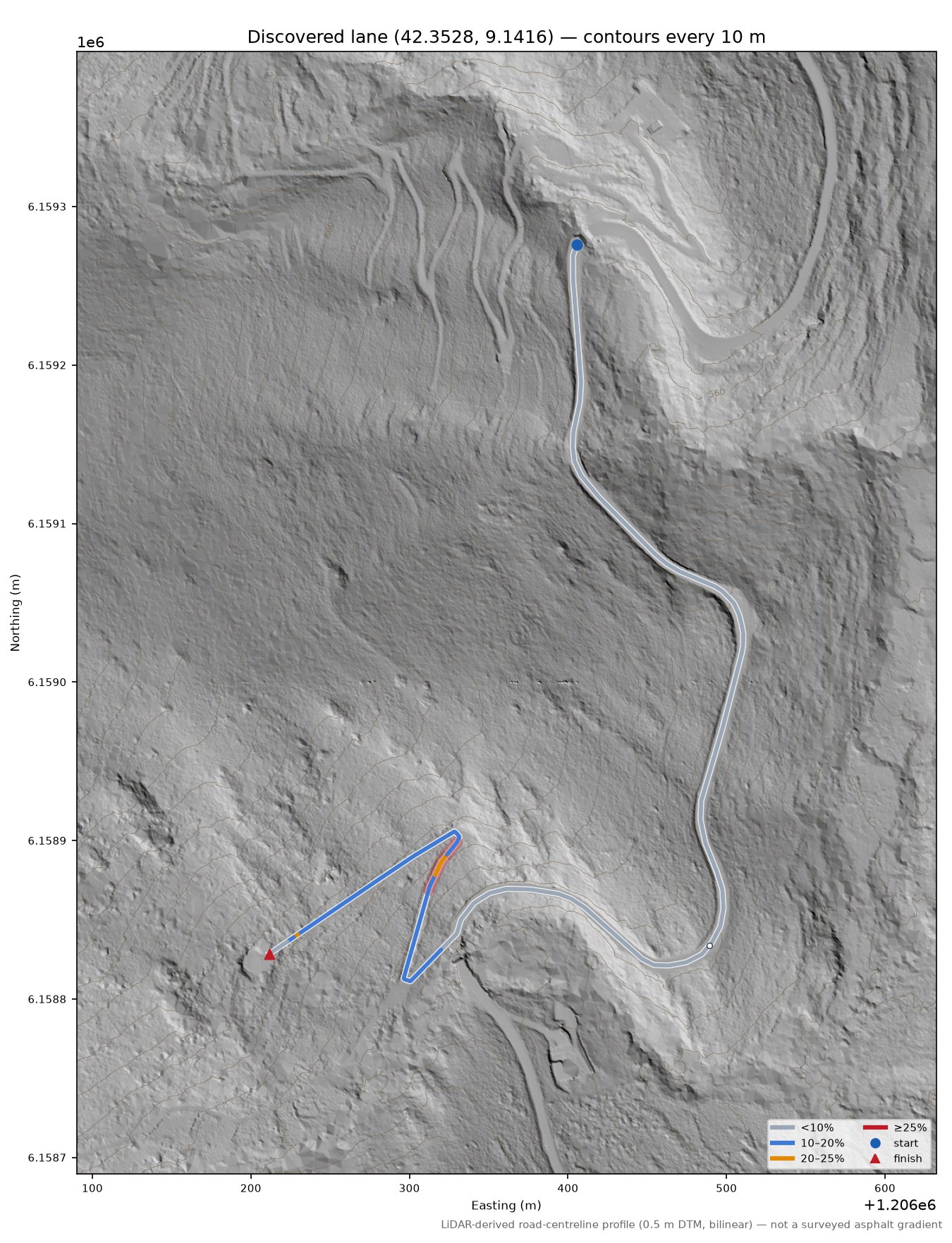 Discovered lane (42.3528, 9.1416) LiDAR hillshade map with contours