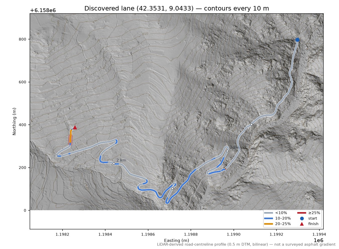 Discovered lane (42.3531, 9.0433) LiDAR hillshade map with contours