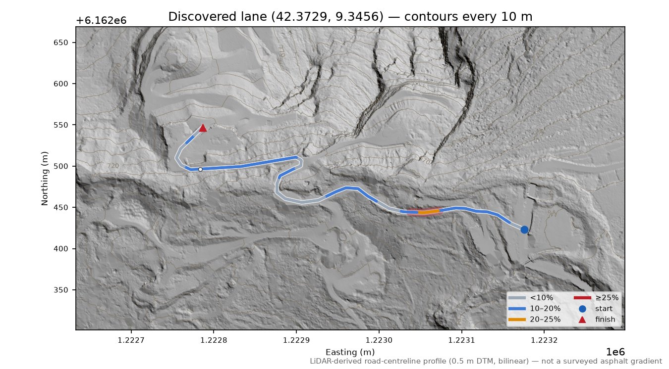 Discovered lane (42.3729, 9.3456) LiDAR hillshade map with contours