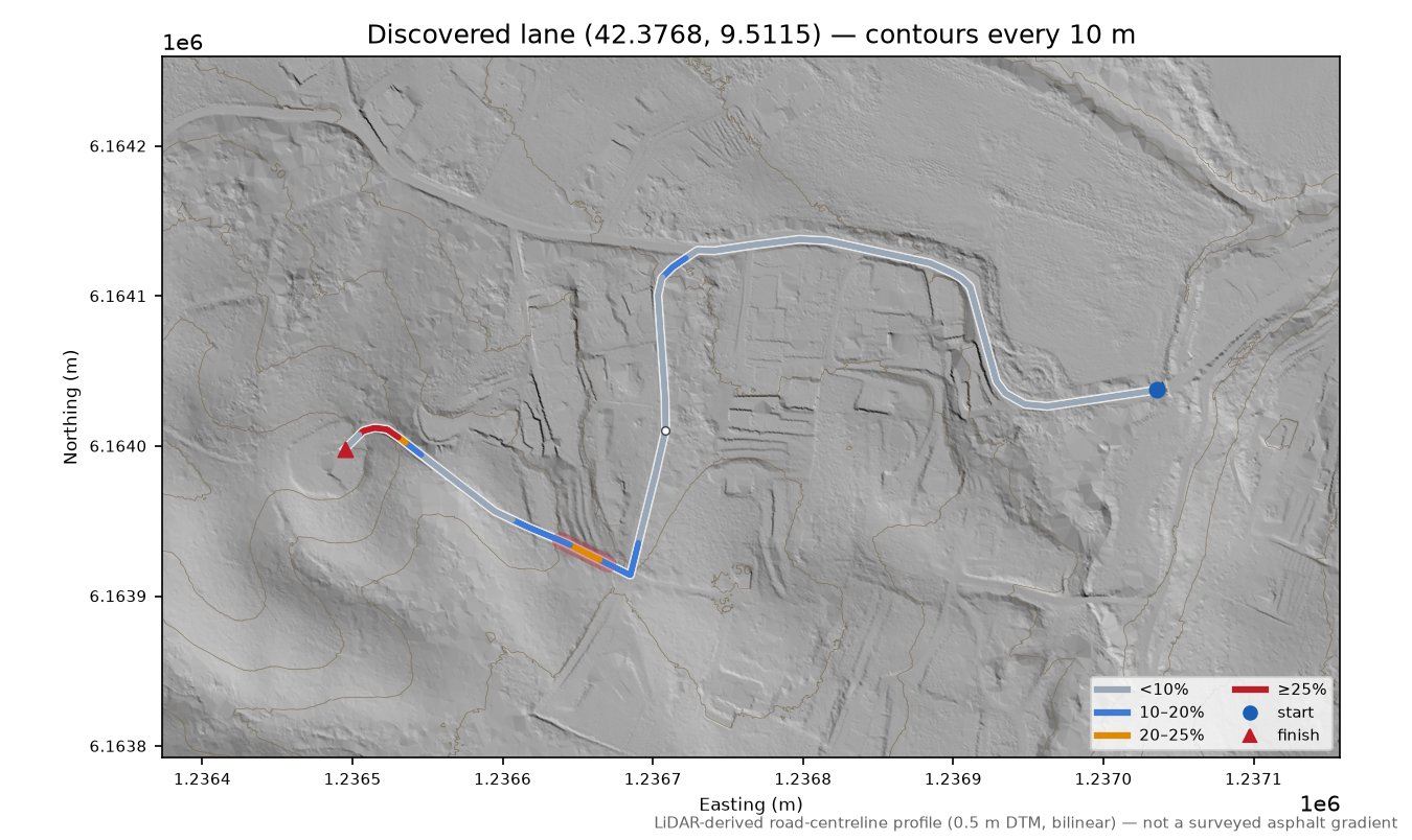 Discovered lane (42.3768, 9.5115) LiDAR hillshade map with contours
