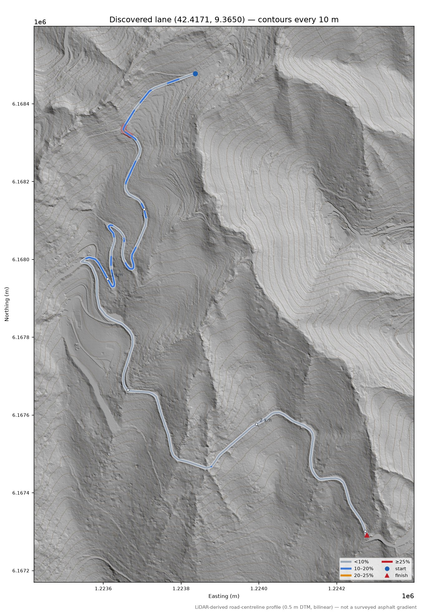 Discovered lane (42.4171, 9.3650) LiDAR hillshade map with contours