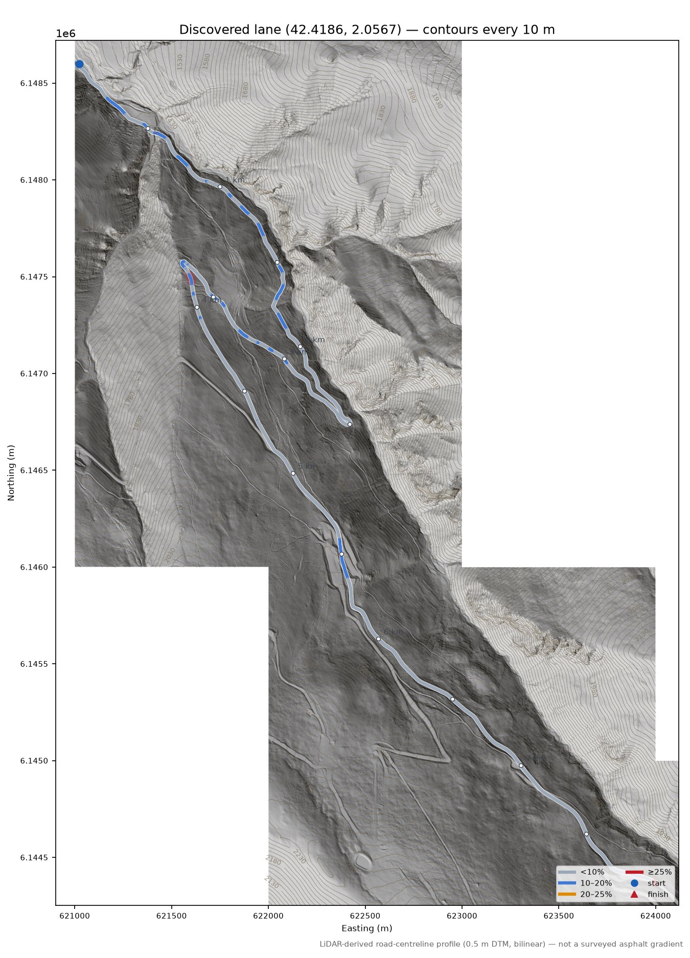Discovered lane (42.4186, 2.0567) LiDAR hillshade map with contours