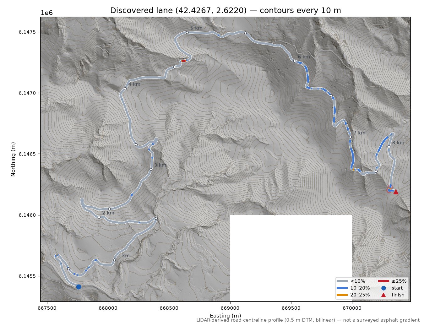 Discovered lane (42.4267, 2.6220) LiDAR hillshade map with contours