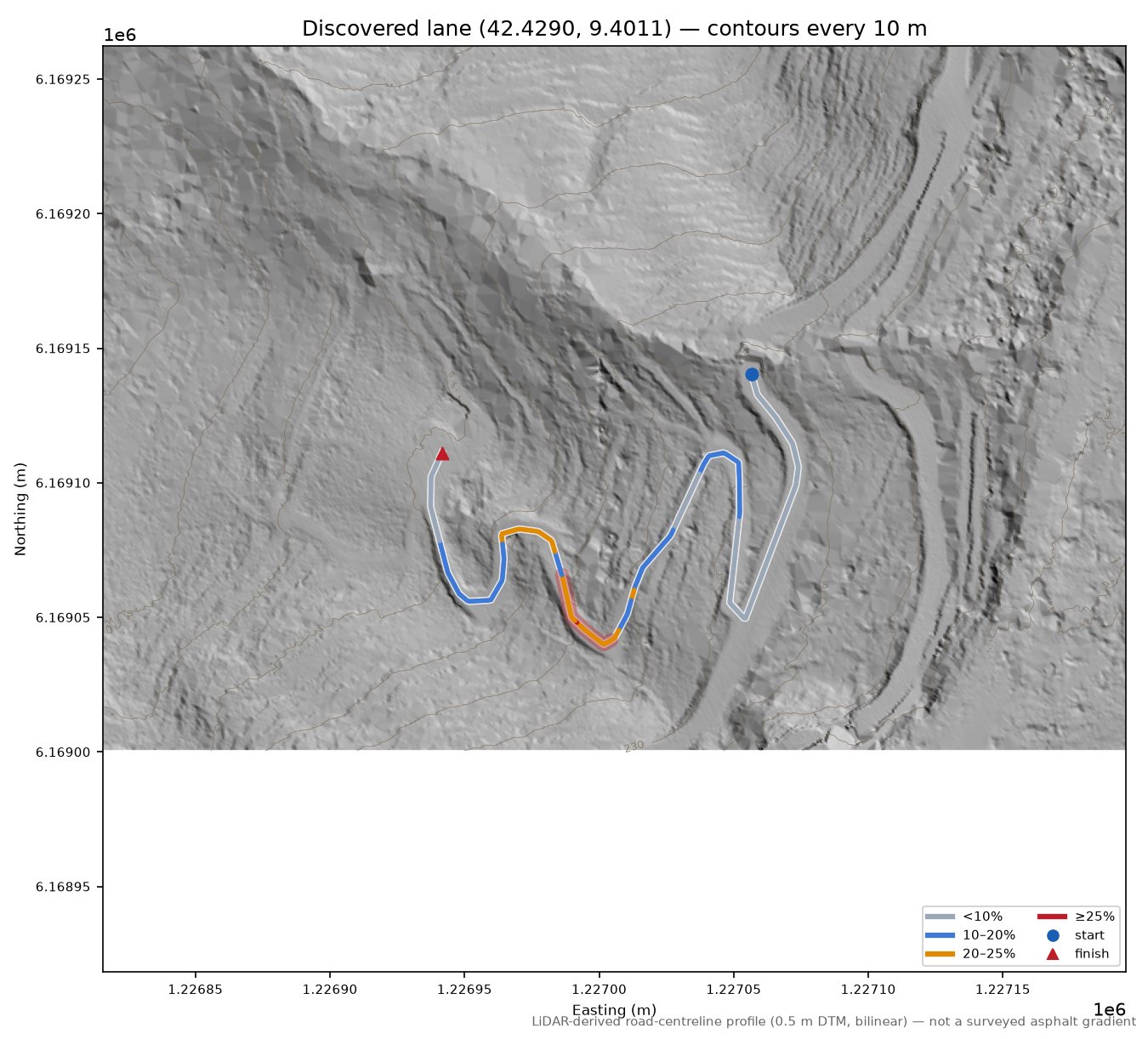 Discovered lane (42.4290, 9.4011) LiDAR hillshade map with contours