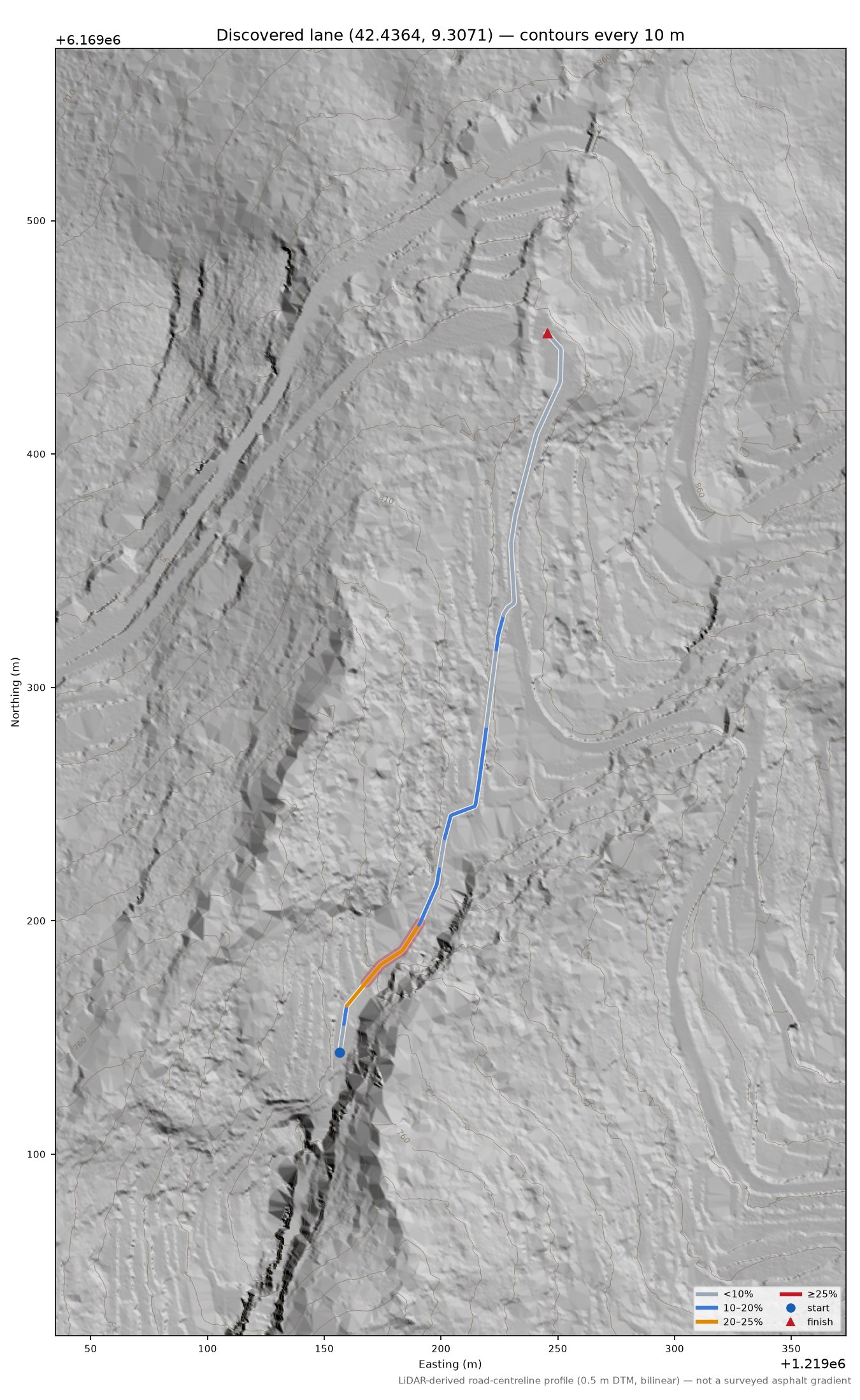 Discovered lane (42.4364, 9.3071) LiDAR hillshade map with contours