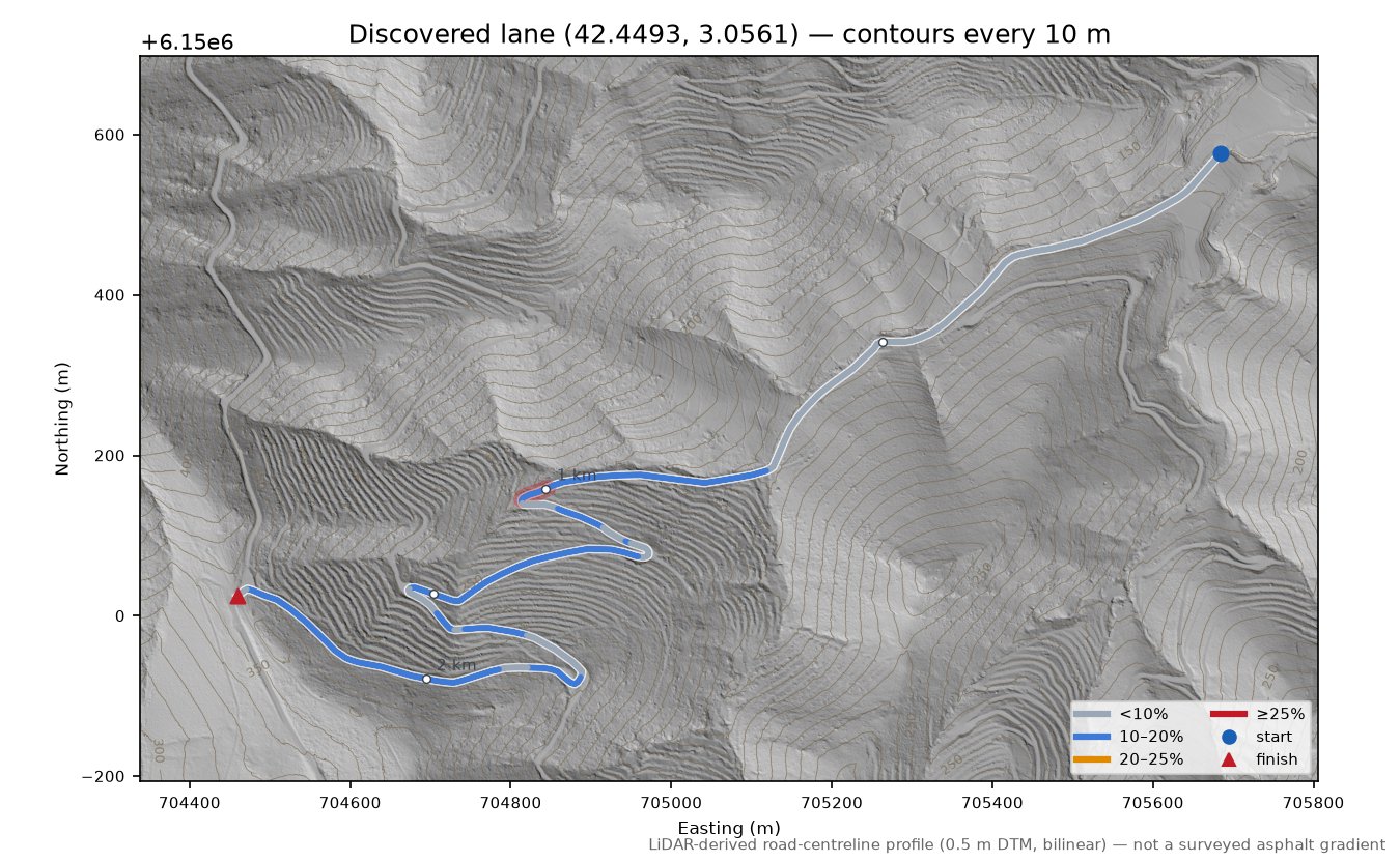 Discovered lane (42.4493, 3.0561) LiDAR hillshade map with contours