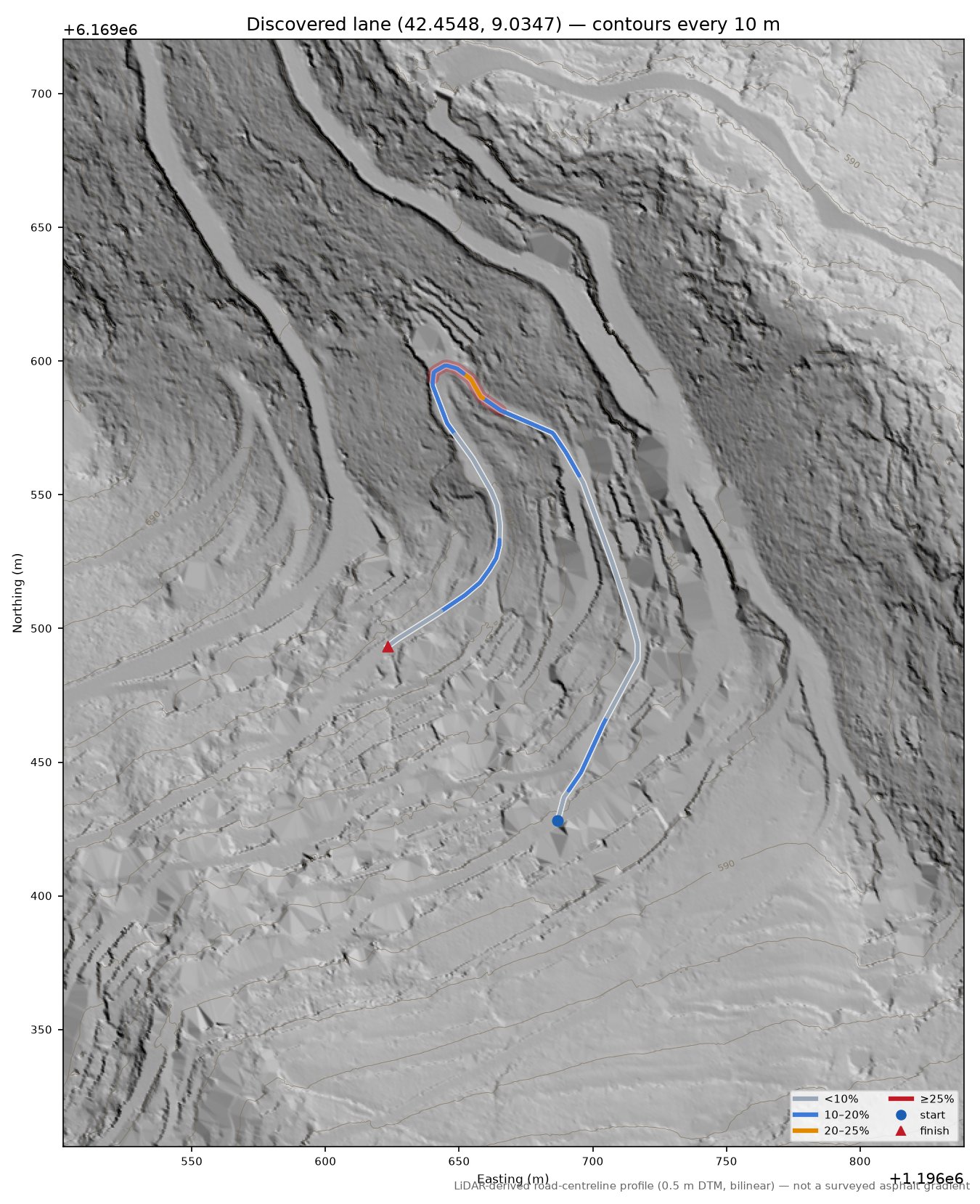 Discovered lane (42.4548, 9.0347) LiDAR hillshade map with contours