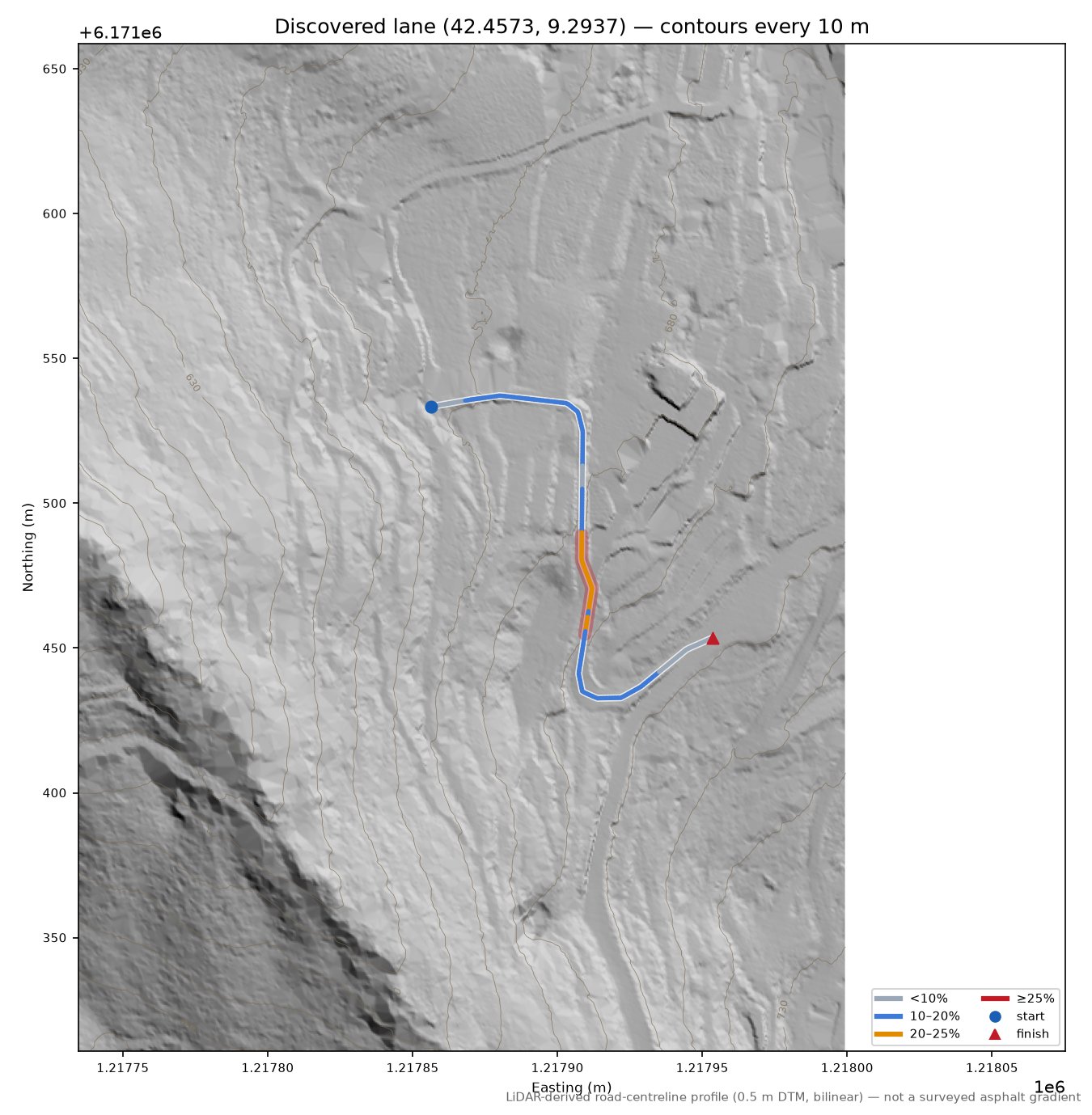 Discovered lane (42.4573, 9.2937) LiDAR hillshade map with contours