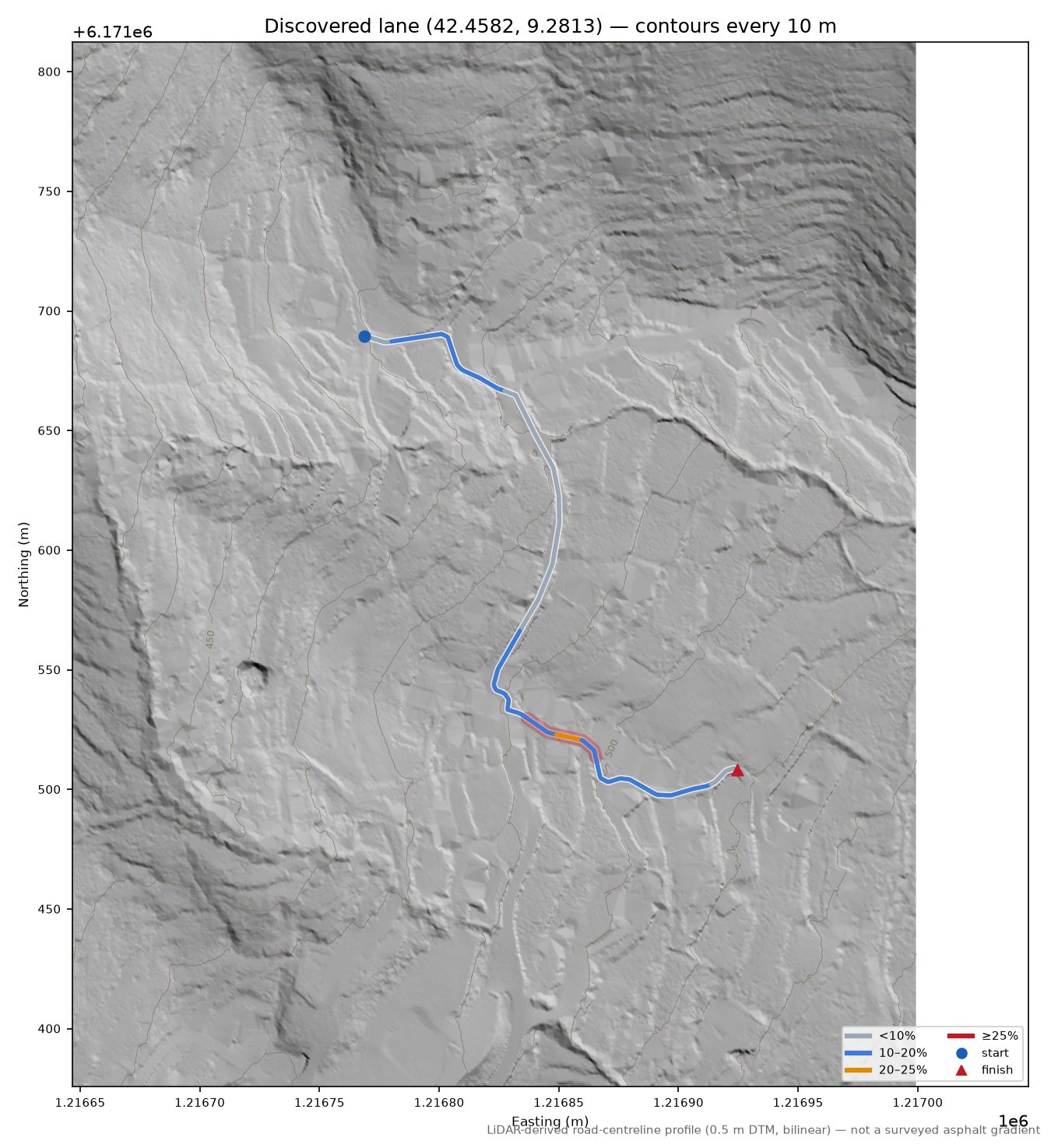 Discovered lane (42.4582, 9.2813) LiDAR hillshade map with contours