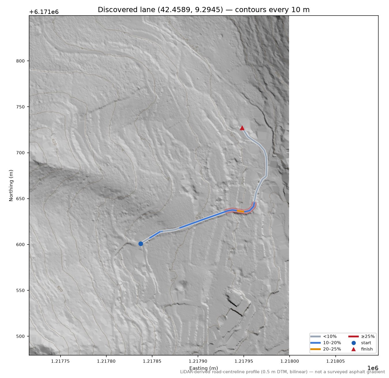 Discovered lane (42.4589, 9.2945) LiDAR hillshade map with contours