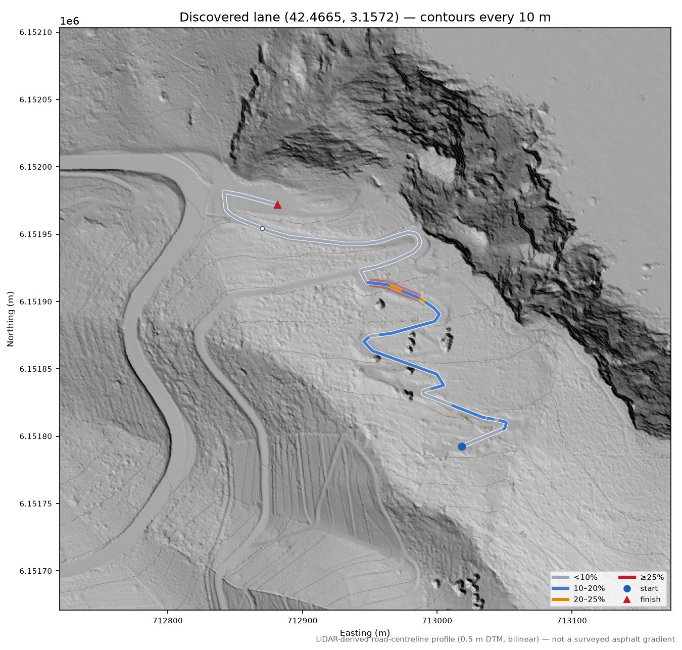 Discovered lane (42.4665, 3.1572) LiDAR hillshade map with contours