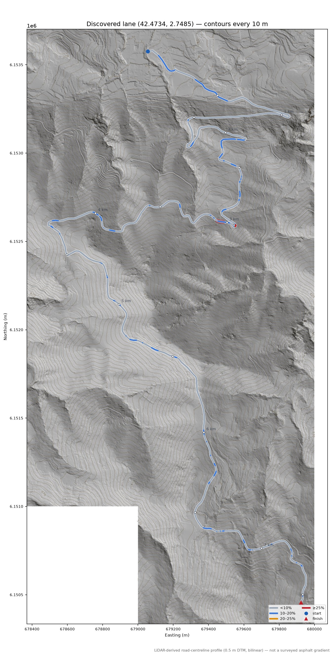 Discovered lane (42.4734, 2.7485) LiDAR hillshade map with contours
