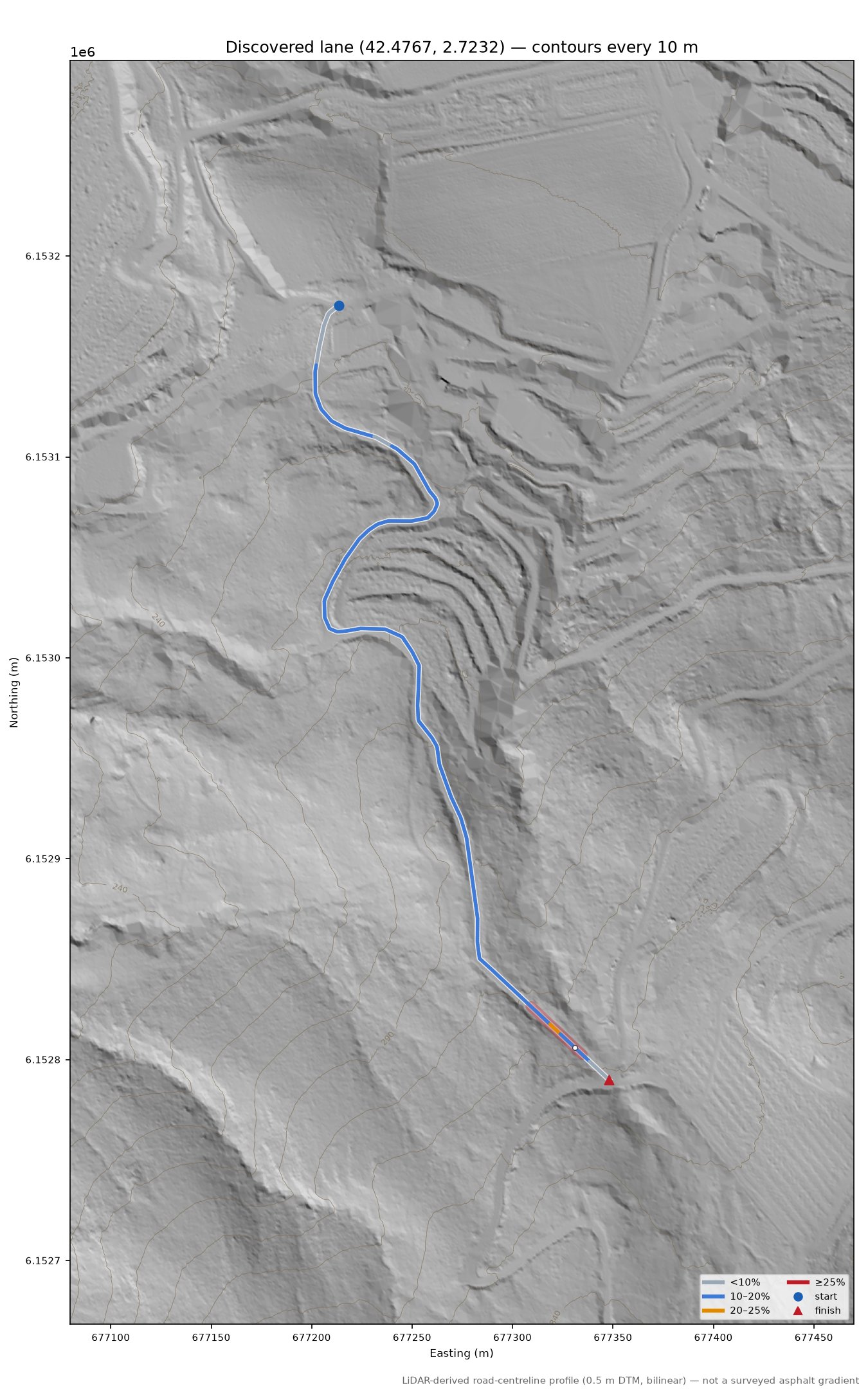 Discovered lane (42.4767, 2.7232) LiDAR hillshade map with contours