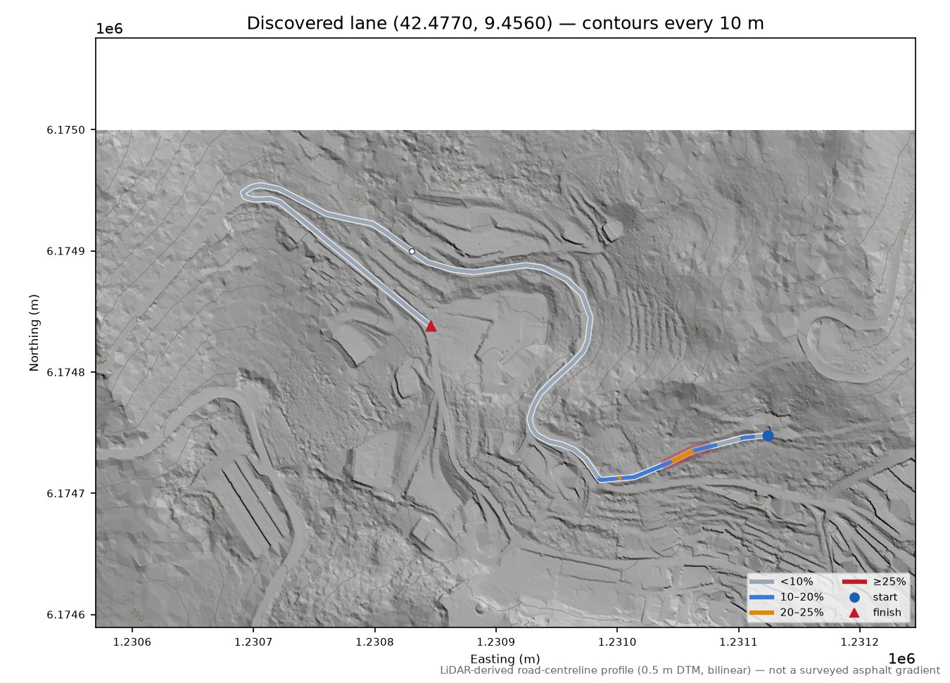 Discovered lane (42.4770, 9.4560) LiDAR hillshade map with contours