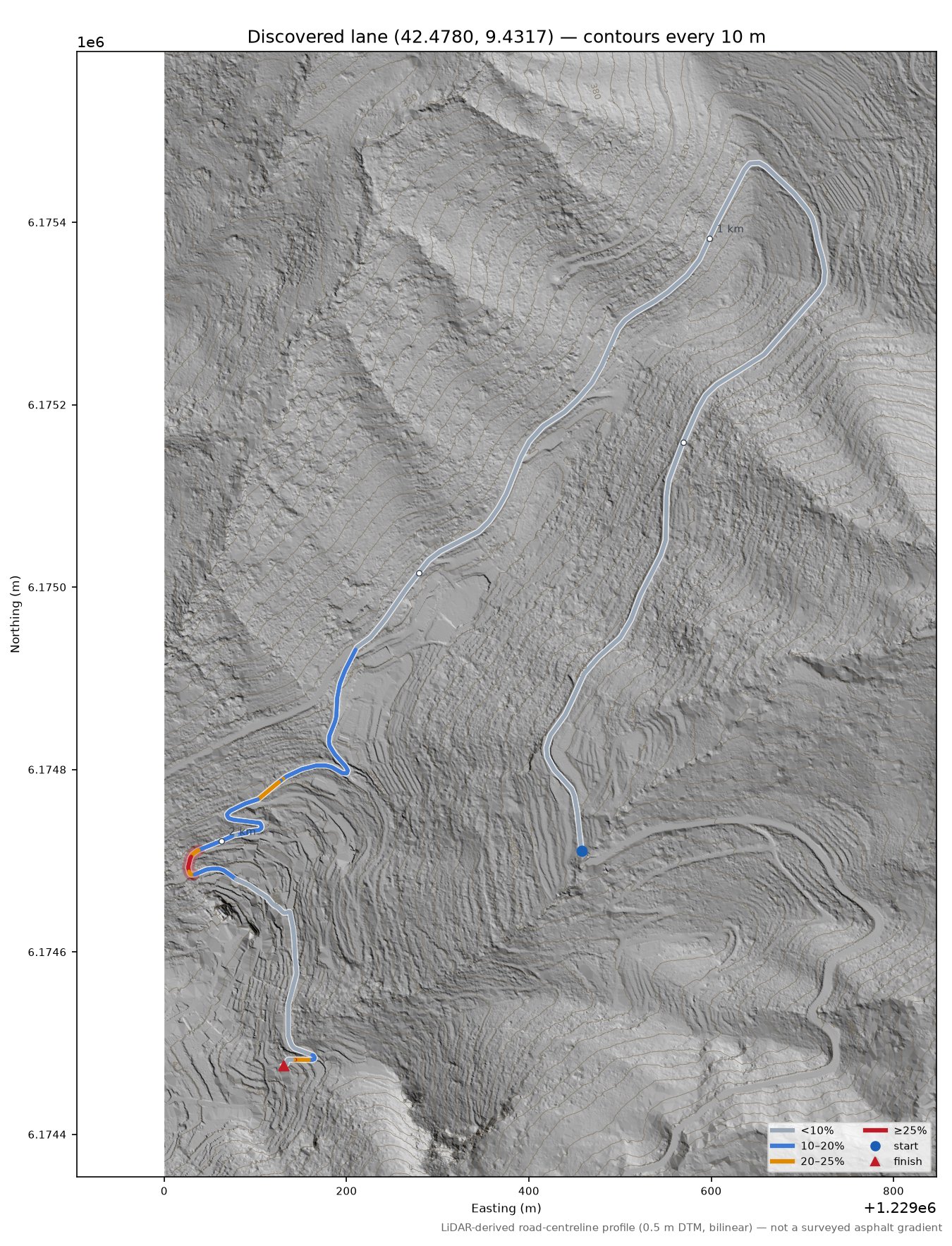 Discovered lane (42.4780, 9.4317) LiDAR hillshade map with contours