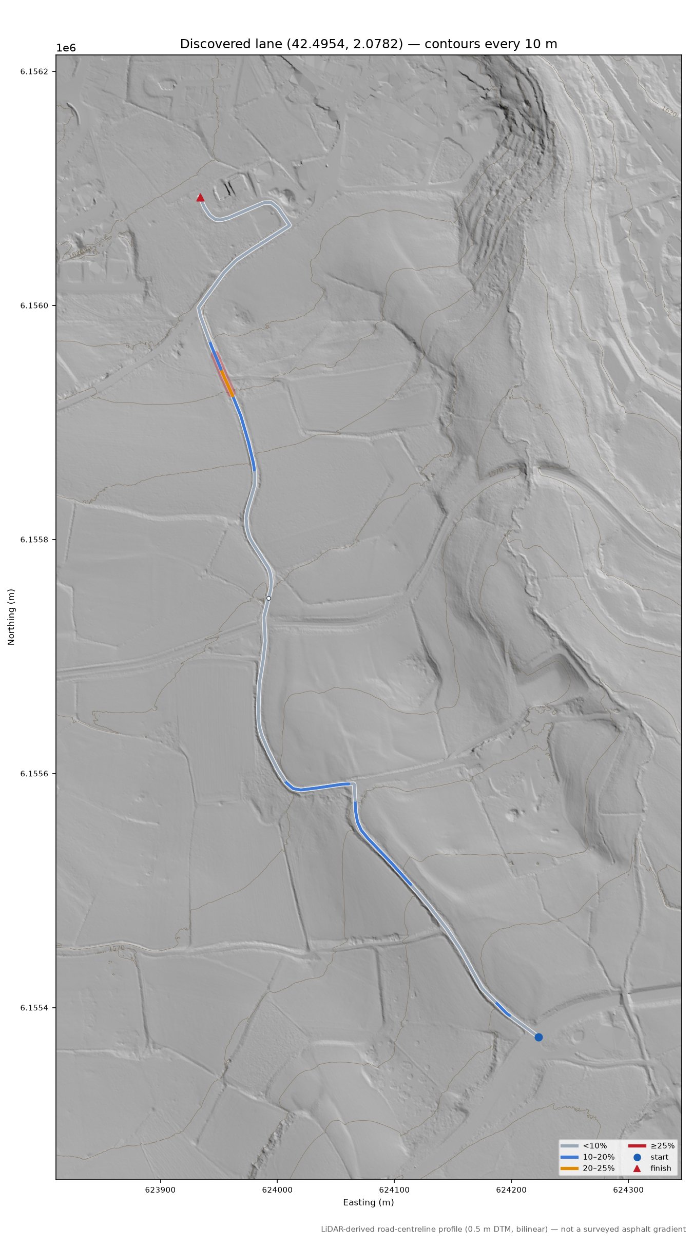 Discovered lane (42.4954, 2.0782) LiDAR hillshade map with contours