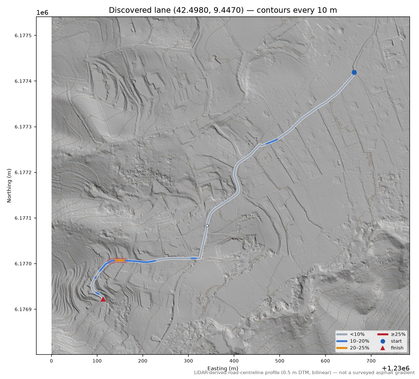 Discovered lane (42.4980, 9.4470) LiDAR hillshade map with contours