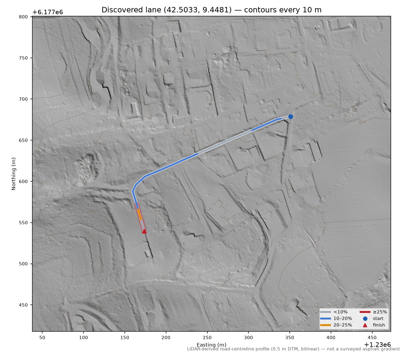 Discovered lane (42.5033, 9.4481) LiDAR hillshade map with contours
