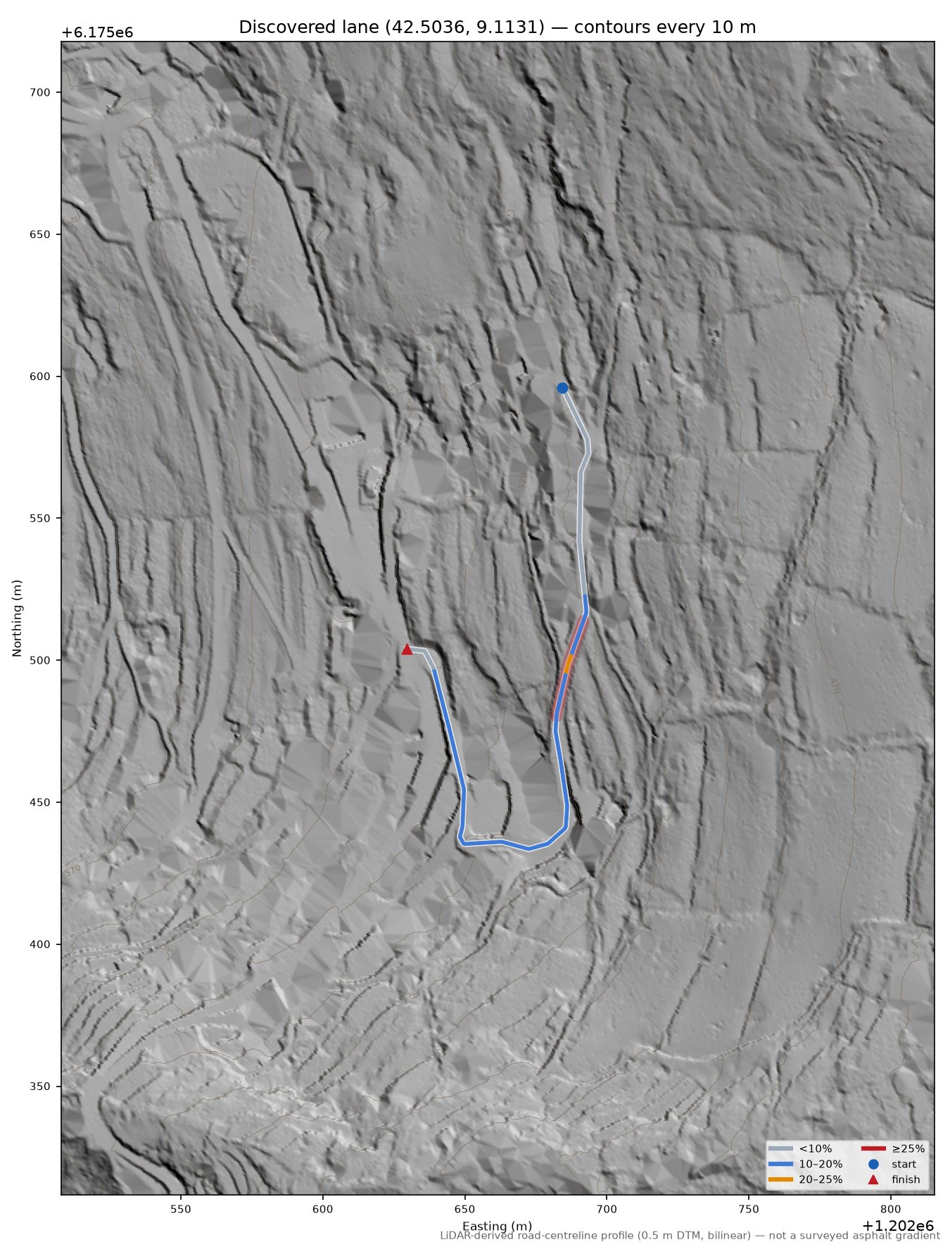 Discovered lane (42.5036, 9.1131) LiDAR hillshade map with contours