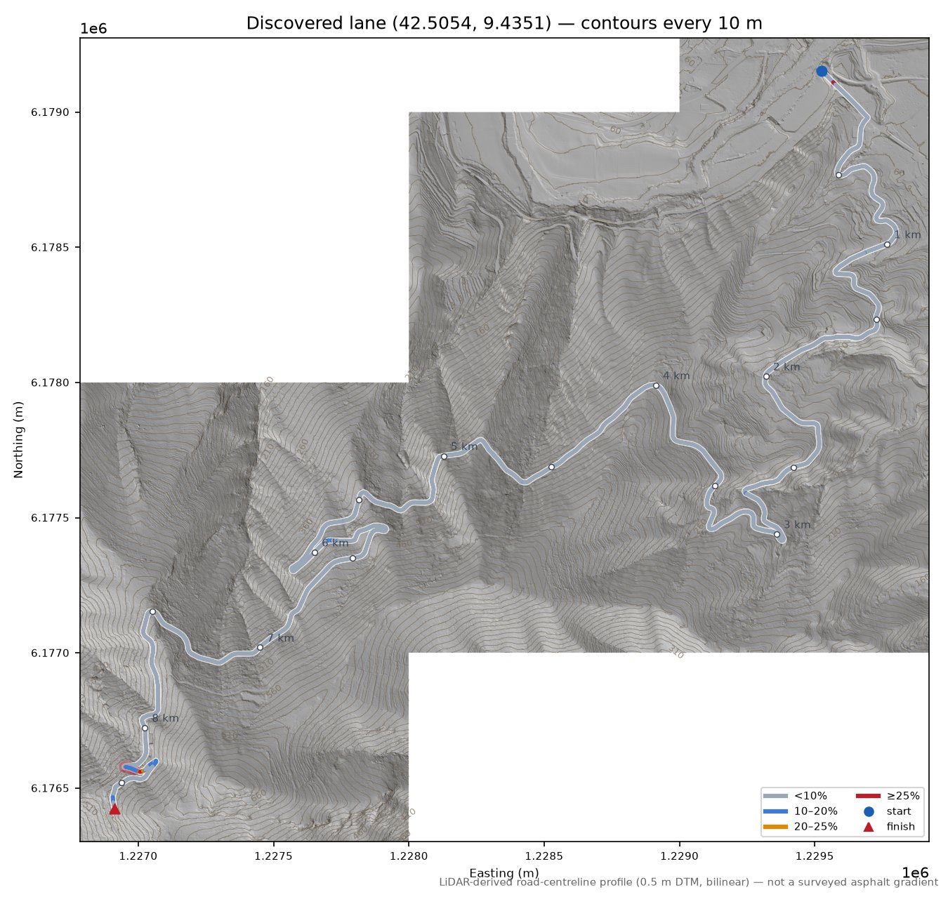 Discovered lane (42.5054, 9.4351) LiDAR hillshade map with contours