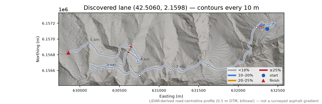 Discovered lane (42.5060, 2.1598) LiDAR hillshade map with contours