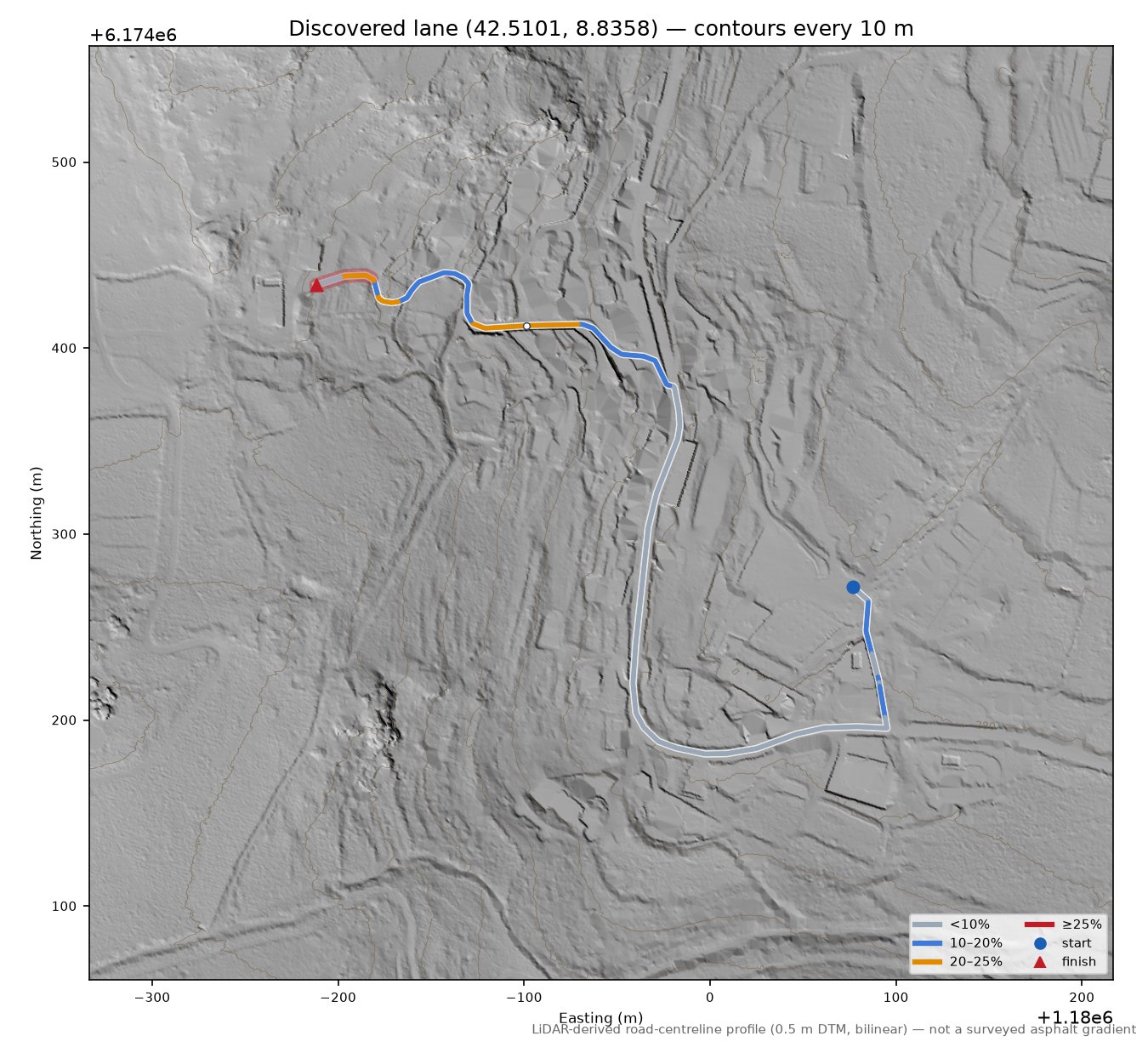 Discovered lane (42.5101, 8.8358) LiDAR hillshade map with contours