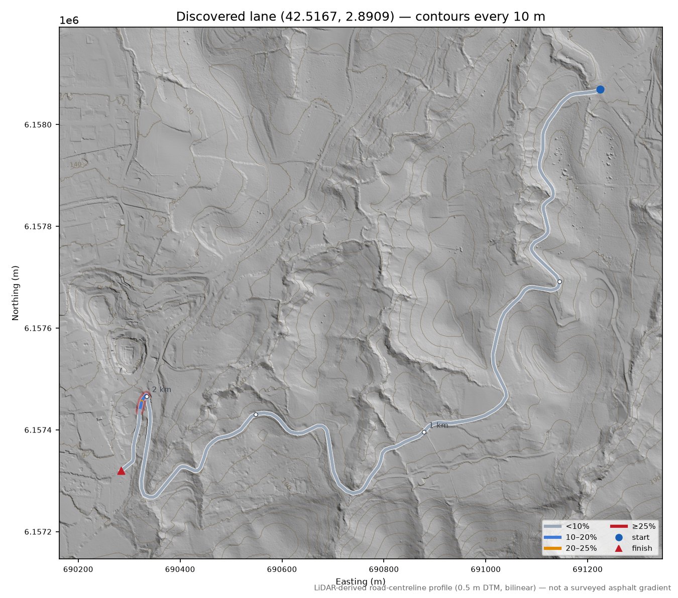 Discovered lane (42.5167, 2.8909) LiDAR hillshade map with contours