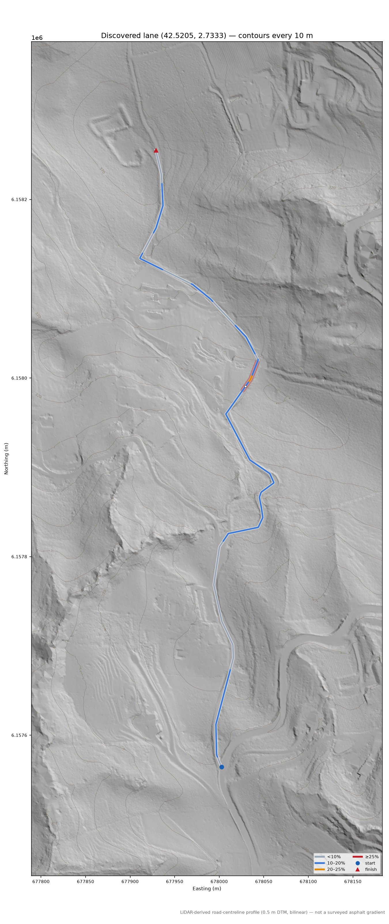 Discovered lane (42.5205, 2.7333) LiDAR hillshade map with contours