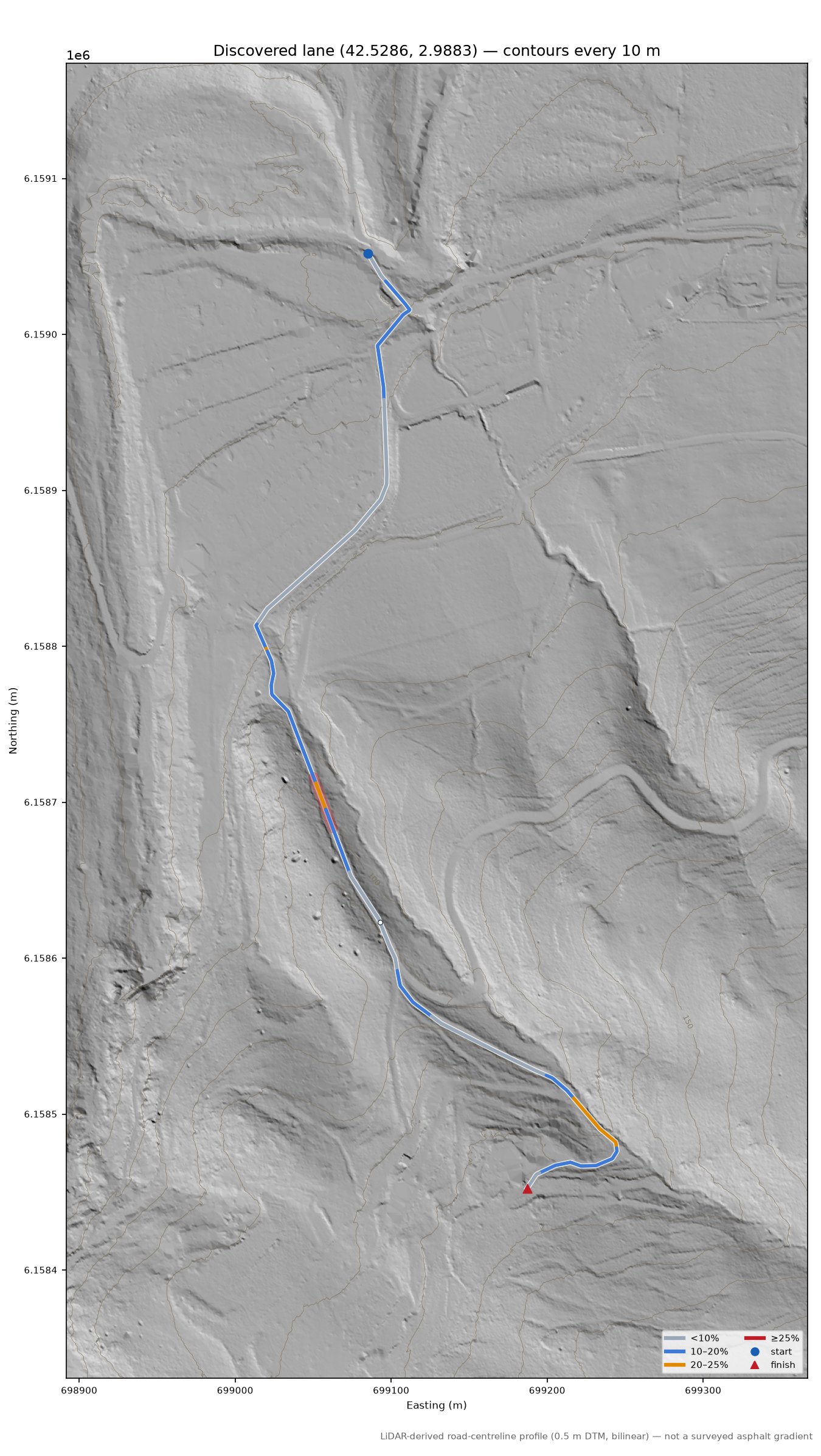 Discovered lane (42.5286, 2.9883) LiDAR hillshade map with contours