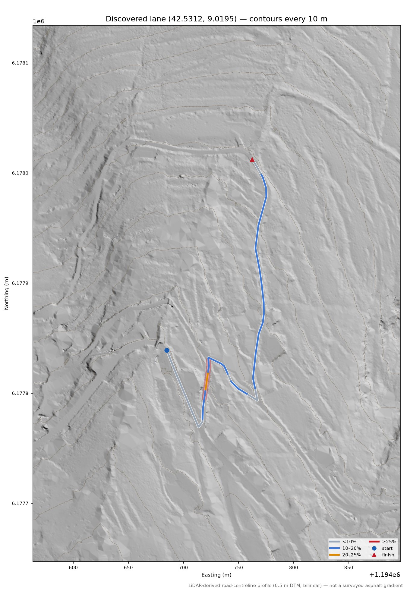 Discovered lane (42.5312, 9.0195) LiDAR hillshade map with contours