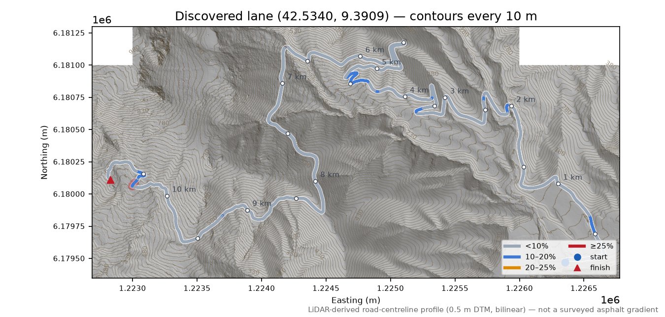 Discovered lane (42.5340, 9.3909) LiDAR hillshade map with contours