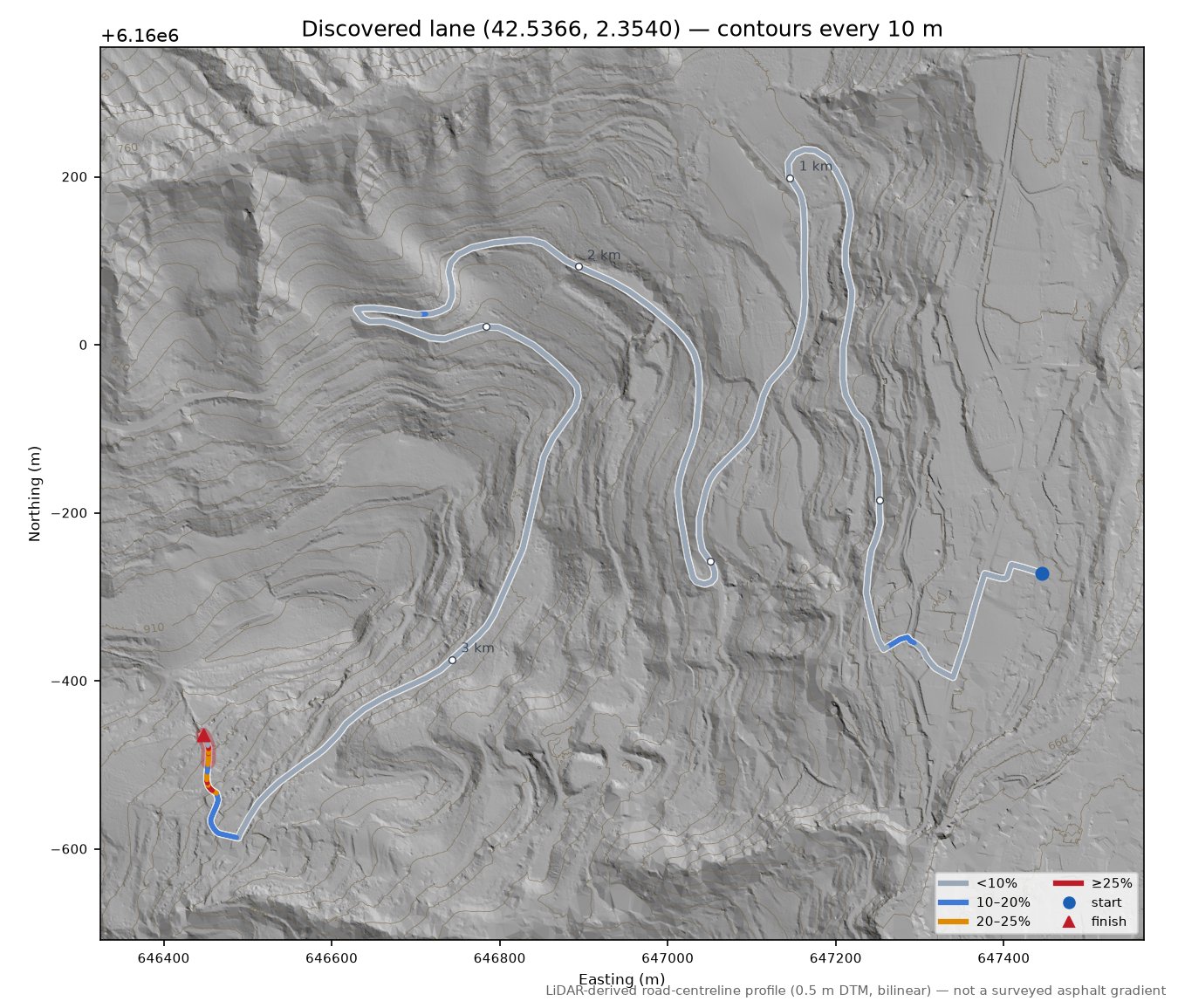 Discovered lane (42.5366, 2.3540) LiDAR hillshade map with contours