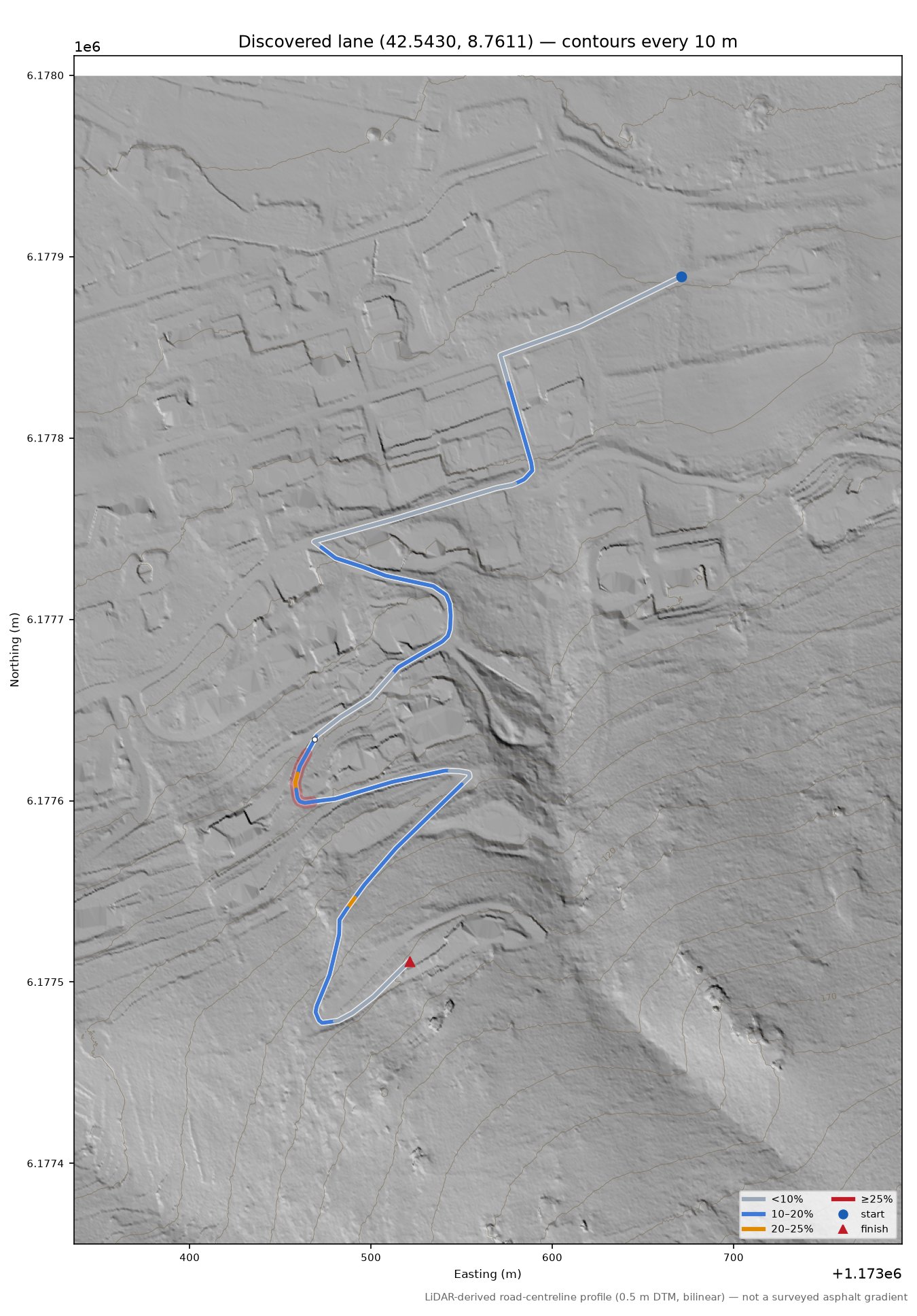 Discovered lane (42.5430, 8.7611) LiDAR hillshade map with contours