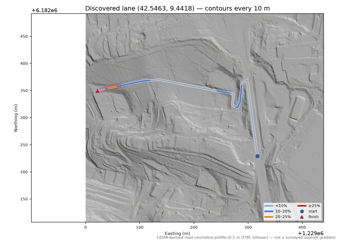 Discovered lane (42.5463, 9.4418) LiDAR hillshade map with contours