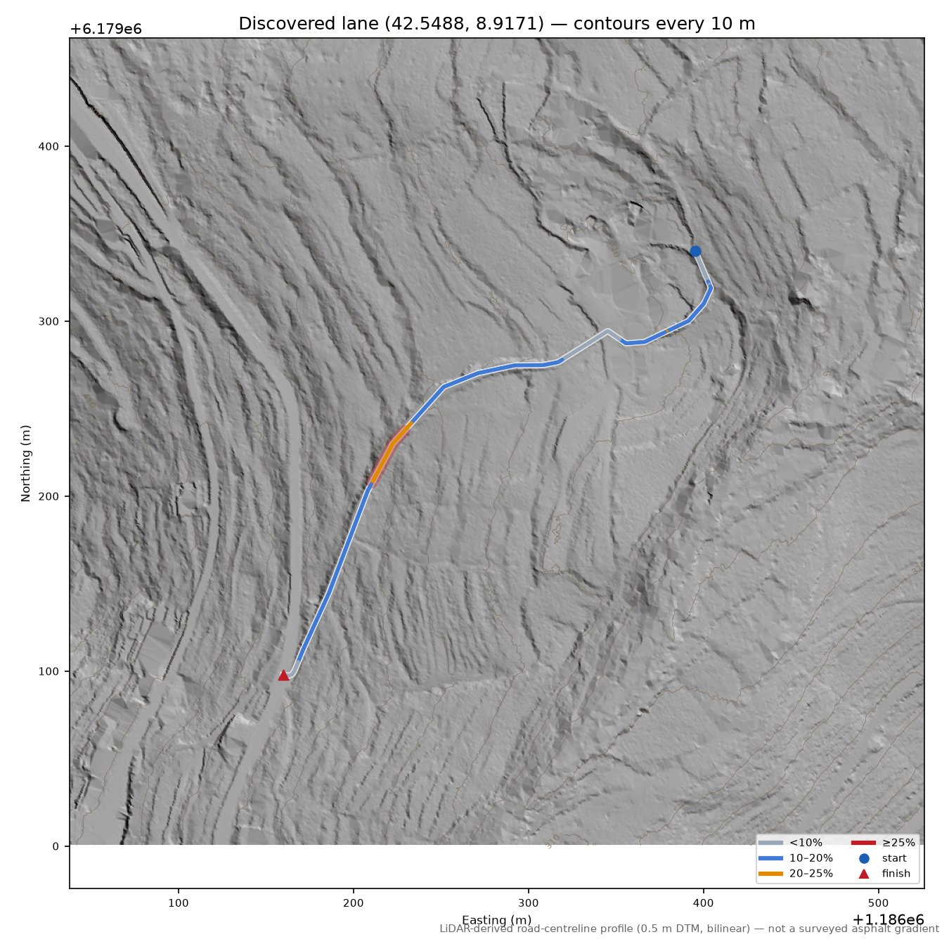Discovered lane (42.5488, 8.9171) LiDAR hillshade map with contours