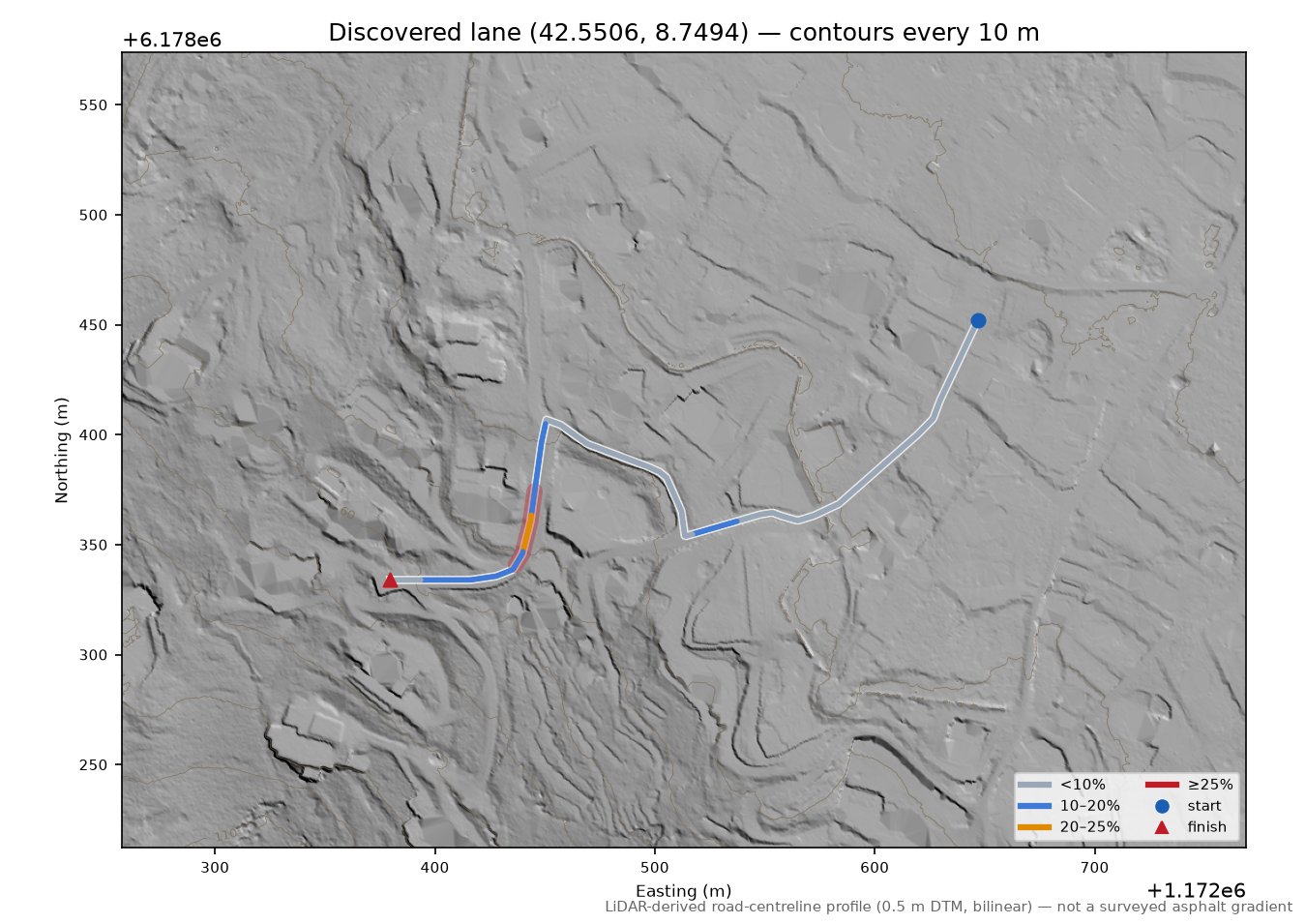 Discovered lane (42.5506, 8.7494) LiDAR hillshade map with contours
