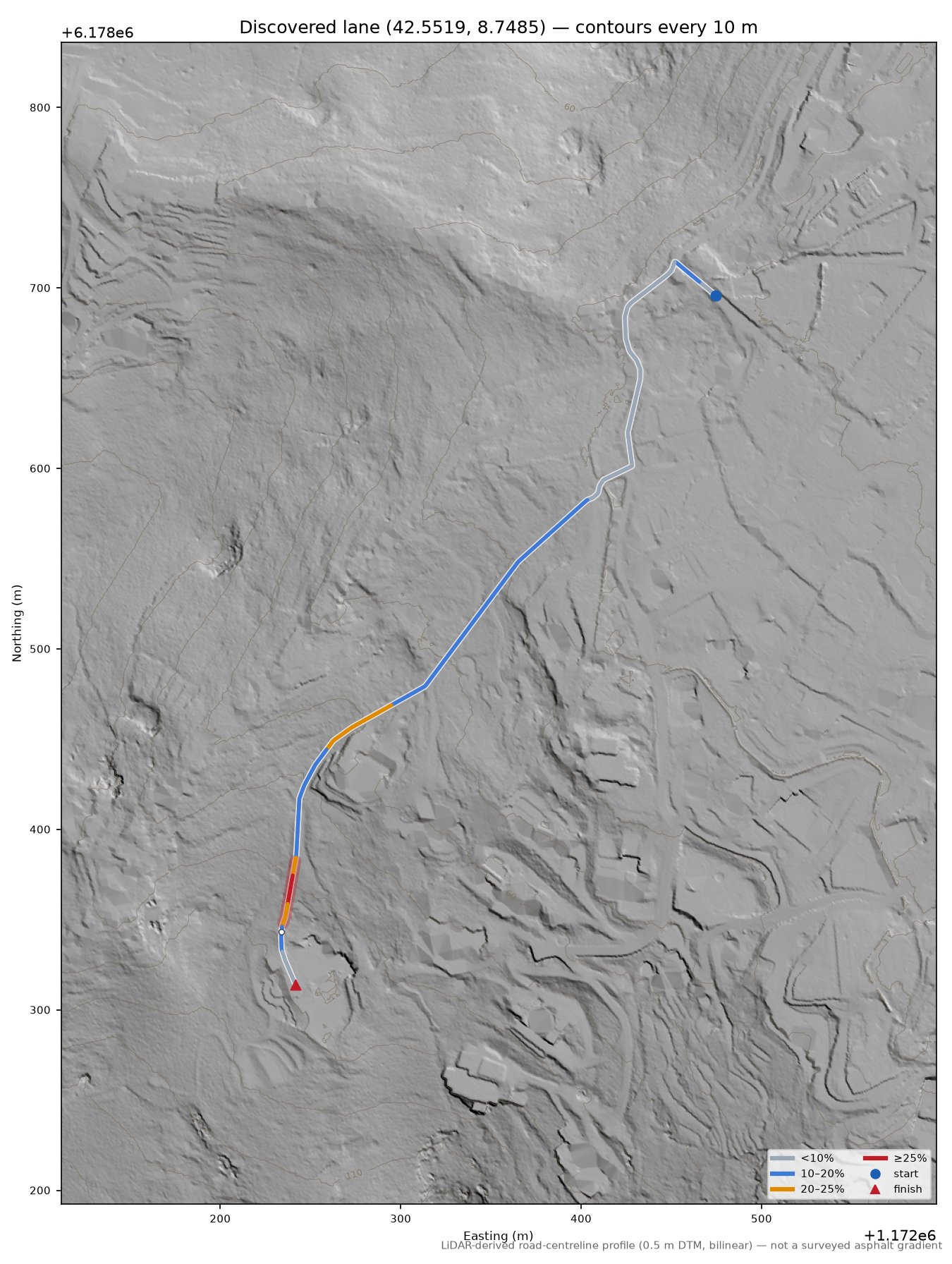 Discovered lane (42.5519, 8.7485) LiDAR hillshade map with contours