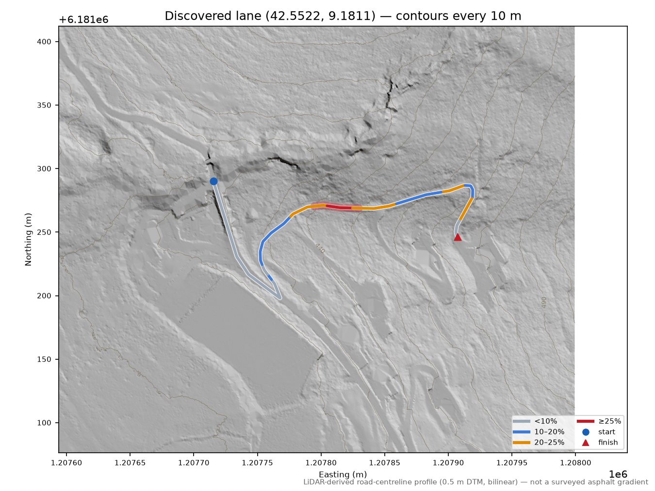 Discovered lane (42.5522, 9.1811) LiDAR hillshade map with contours