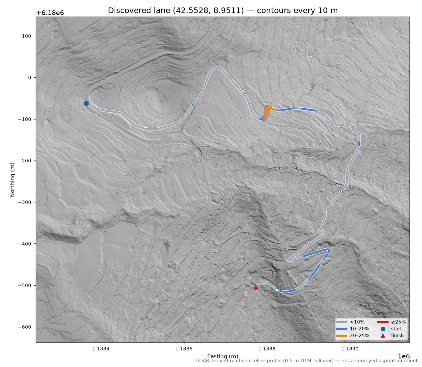 Discovered lane (42.5528, 8.9511) LiDAR hillshade map with contours