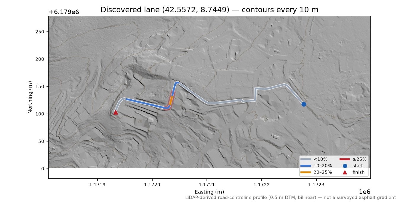 Discovered lane (42.5572, 8.7449) LiDAR hillshade map with contours