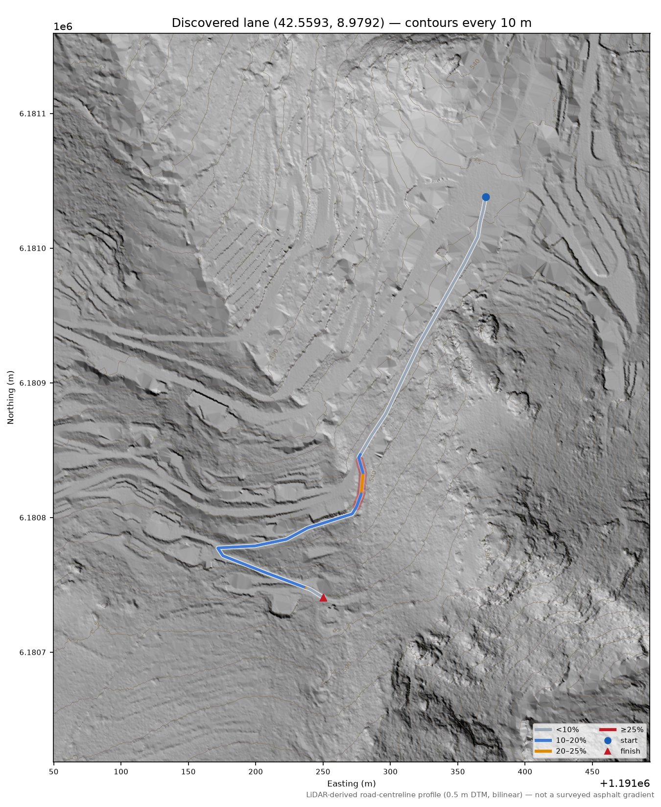 Discovered lane (42.5593, 8.9792) LiDAR hillshade map with contours