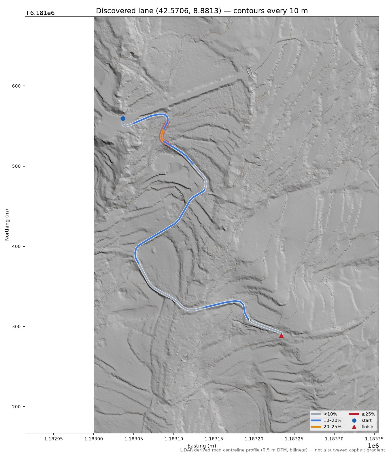 Discovered lane (42.5706, 8.8813) LiDAR hillshade map with contours