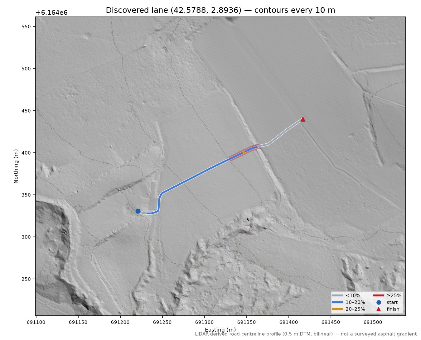 Discovered lane (42.5788, 2.8936) LiDAR hillshade map with contours
