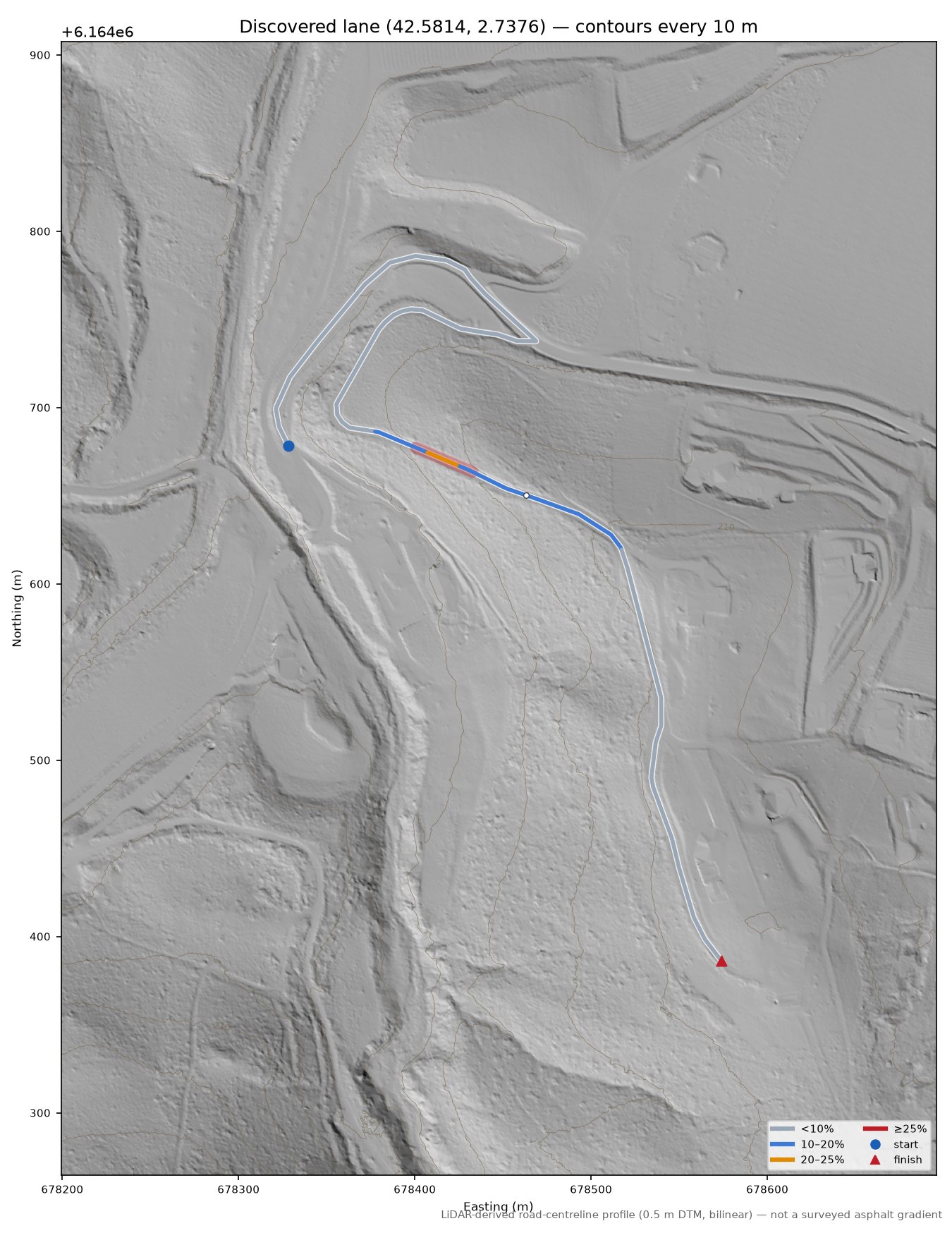Discovered lane (42.5814, 2.7376) LiDAR hillshade map with contours