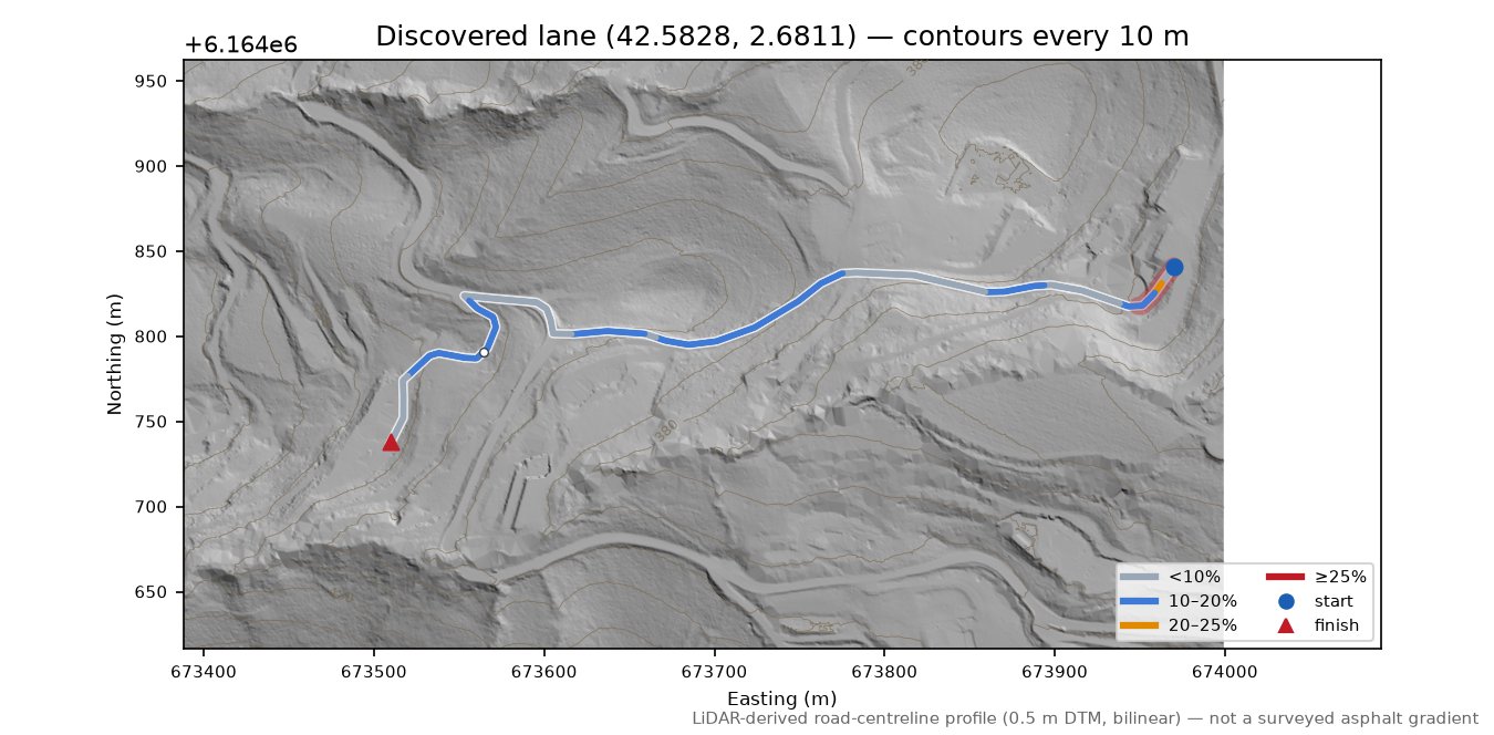 Discovered lane (42.5828, 2.6811) LiDAR hillshade map with contours